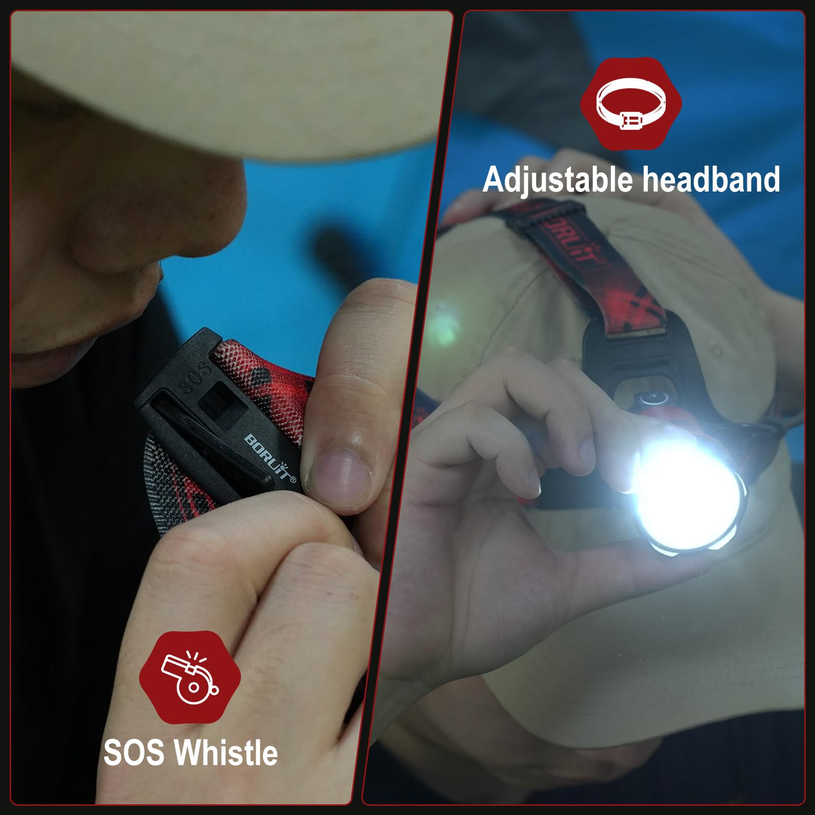 BORUIT B13 LED Headlamp, Super Bright 90° Adjustable, 4 Modes, IPX4 Waterproof, Adjustable Size, Aluminum Material
