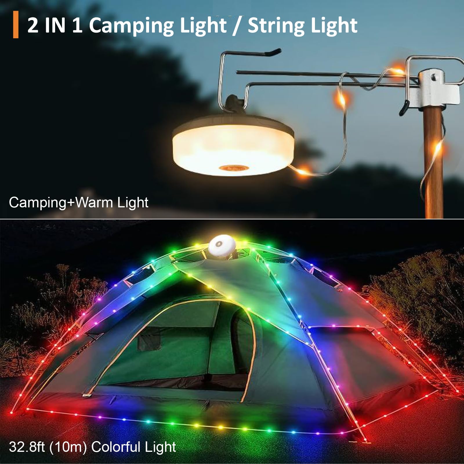 Camping String Lights, 4 In 1 Outdoor String Lights With 8 Lighting Modes, Quick Storage, Usb Charging, Portable Camping Lights