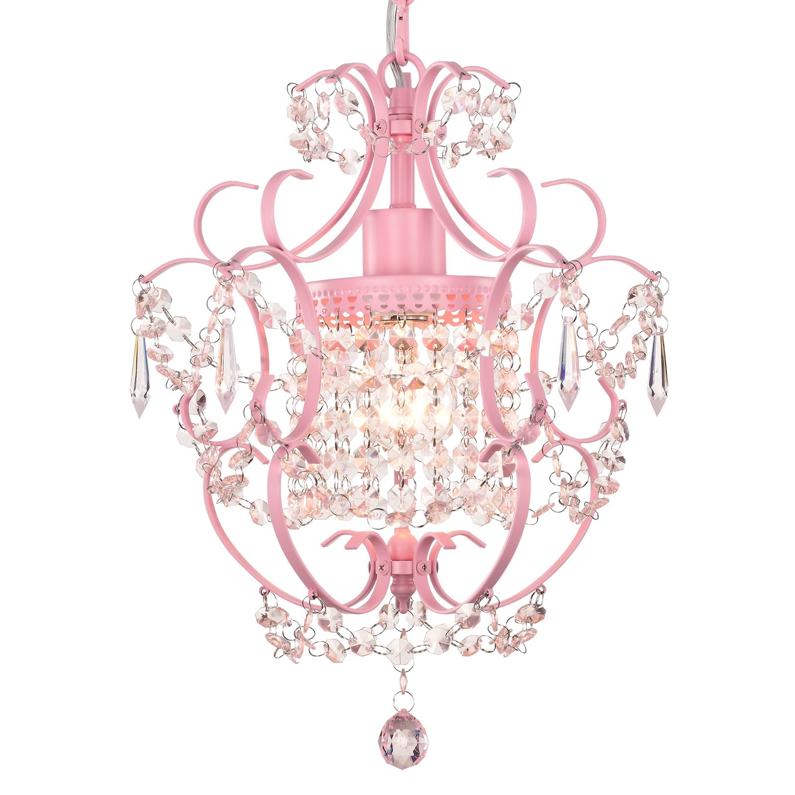 Pink Chandelier for Bedroom, 90% Pre-Assembled 1 Light Small Crystal Chandelier, Mini Acrylic Crystal Ceiling Light Fixture Char