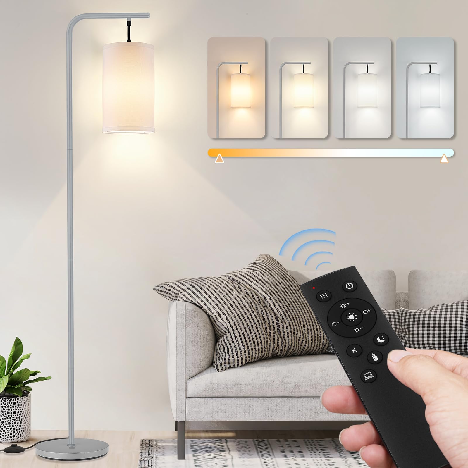 Coucrek Floor Lamp - 9W LED, Remote Control, Custom Color Temperature & Brightness, Tall Standing, Gray, Model F109