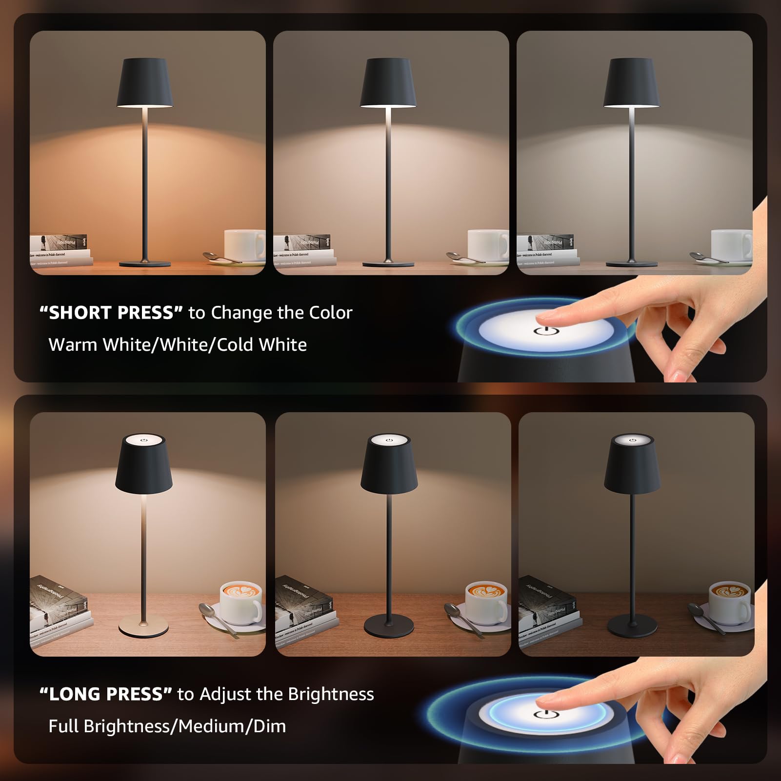 uuffoo Rechargeable Table Lamp 3 Pack, Metal, Small, Stepless Dimming, Black
