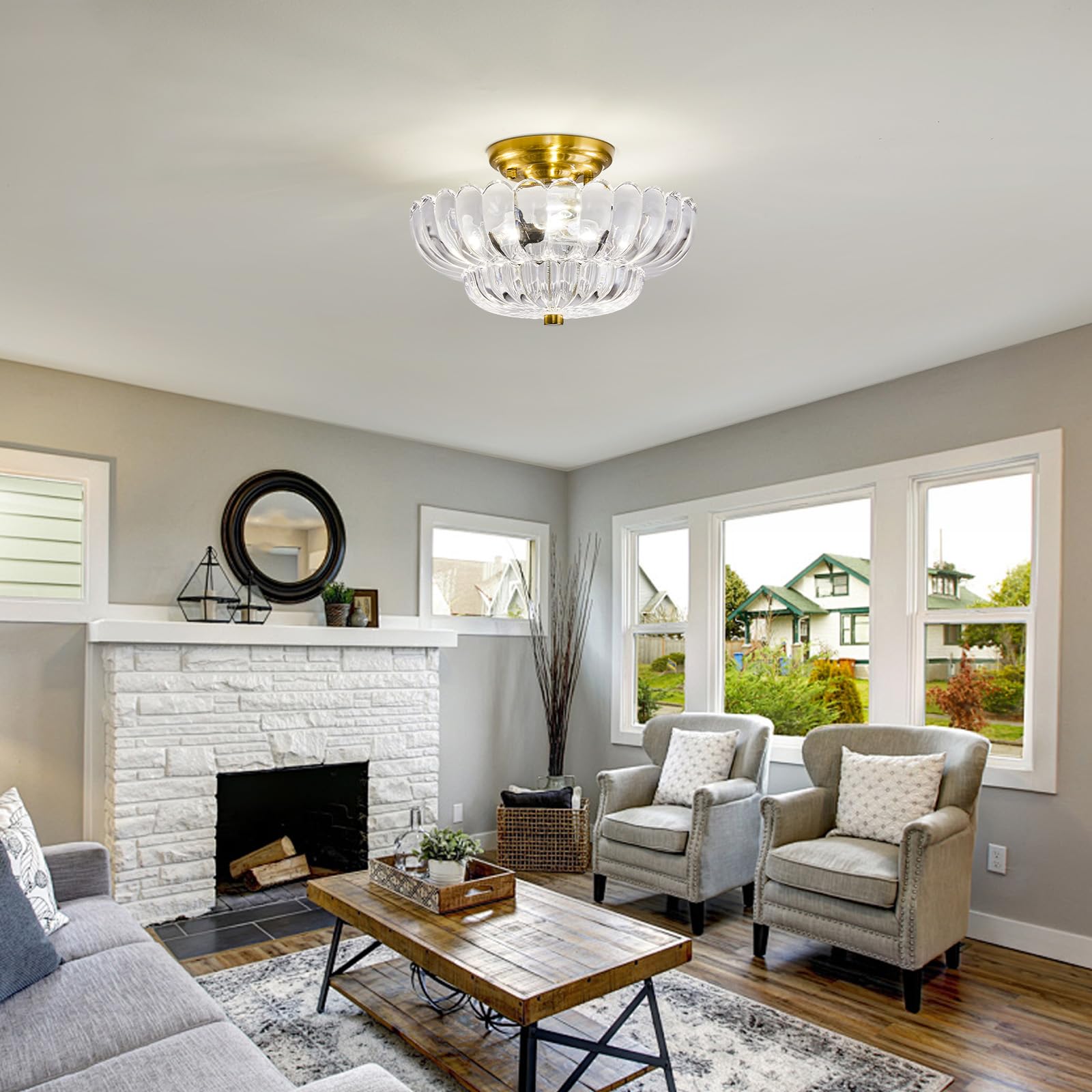 Glomuse Ceiling Lights Semi Flush Mount Ceiling Light White Glass Ceiling Light Gold Base Modern Light Fixture For Hallway Livin