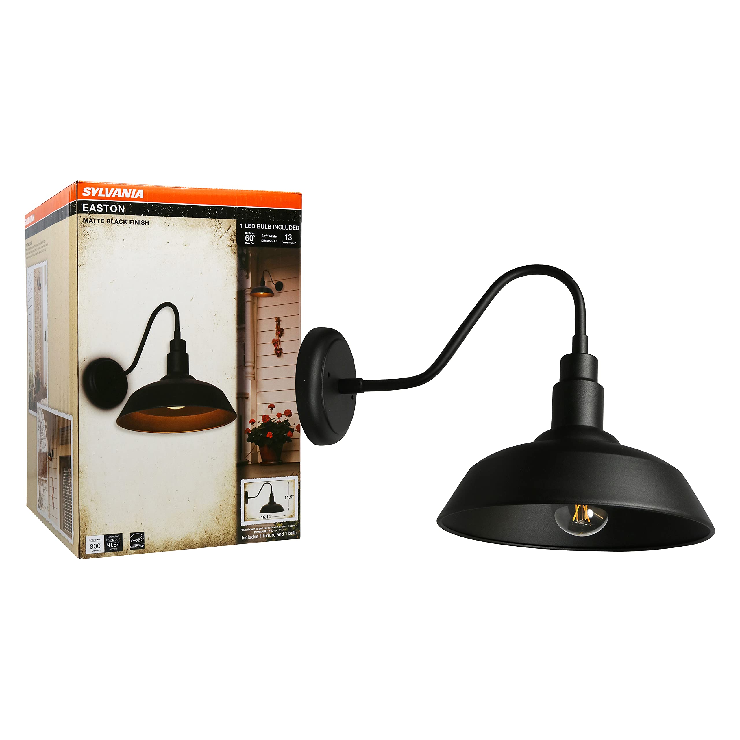 LEDVANCE SYLVANIA Easton Vintage LED Flush Mount Sconce, Dimmable 60W A19 Soft White Bulb Included, Black, Model 60123