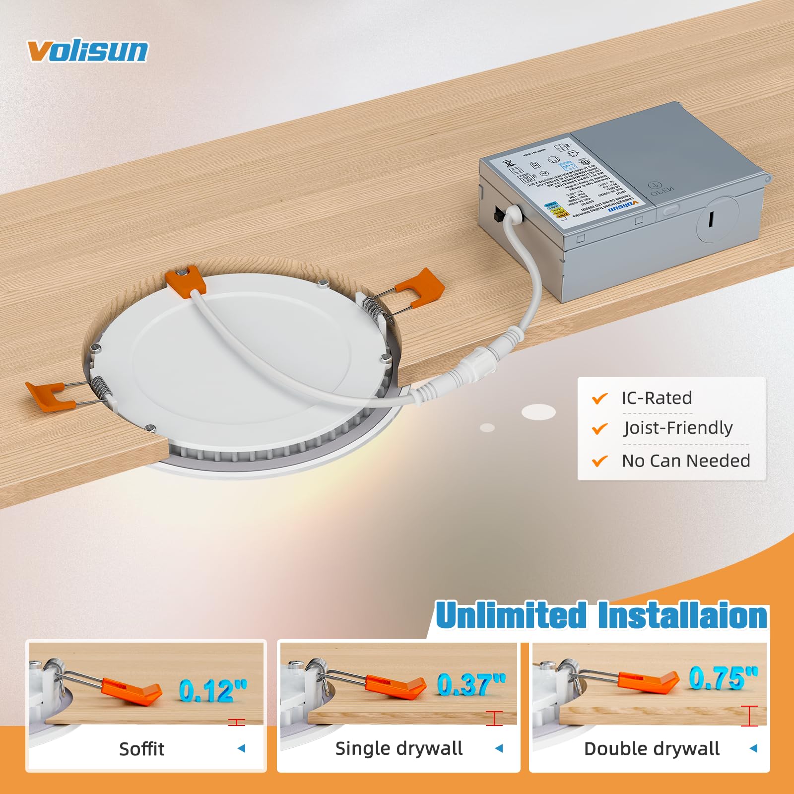 VOLISUN 24 Pack 4" Ultra-Thin LED Recessed Lighting, 5CCT Dimmable, 810 Lumen, ETL Certified, White, Model 21365