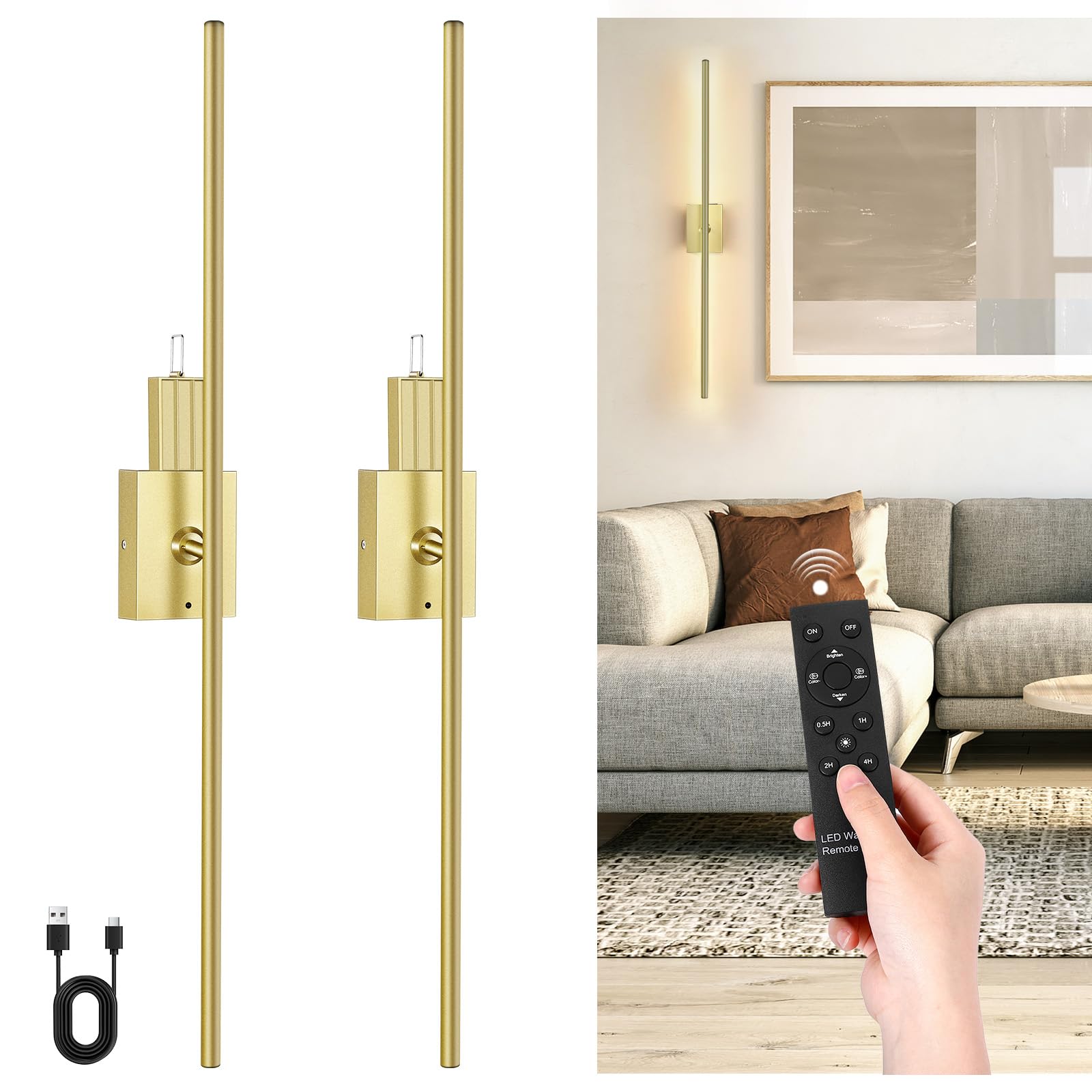 Battery Operated Wall Sconce with Remote Control, Set of Two Dimmable Battery Removable Wall Lamp, Four Color Temperature LED Re