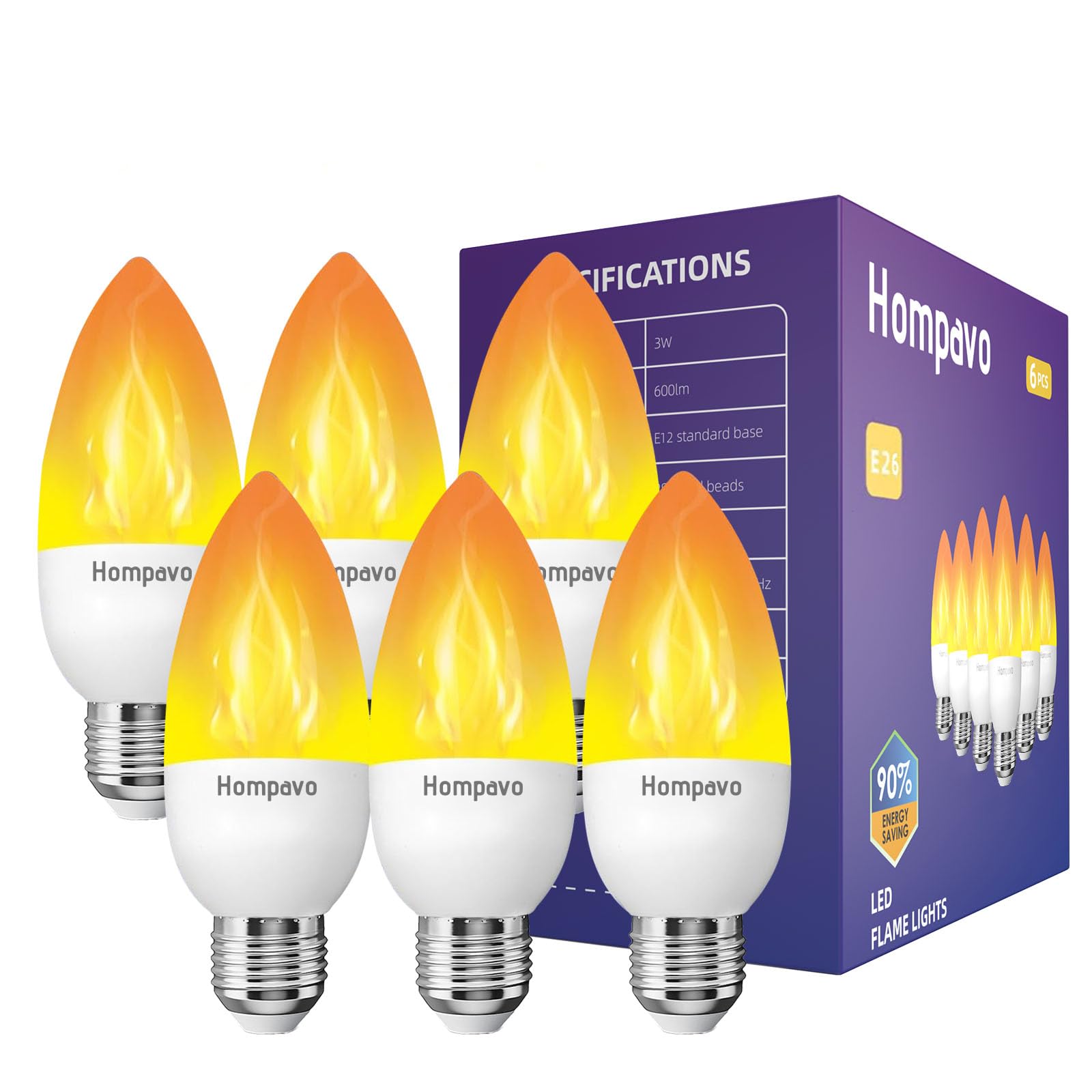 Hompavo Upgraded Led Flame Light Bulbs, 3 Modes Flickering Light Bulbs, E26 Candle Fire Light Bulb For Halloween Christmas Party