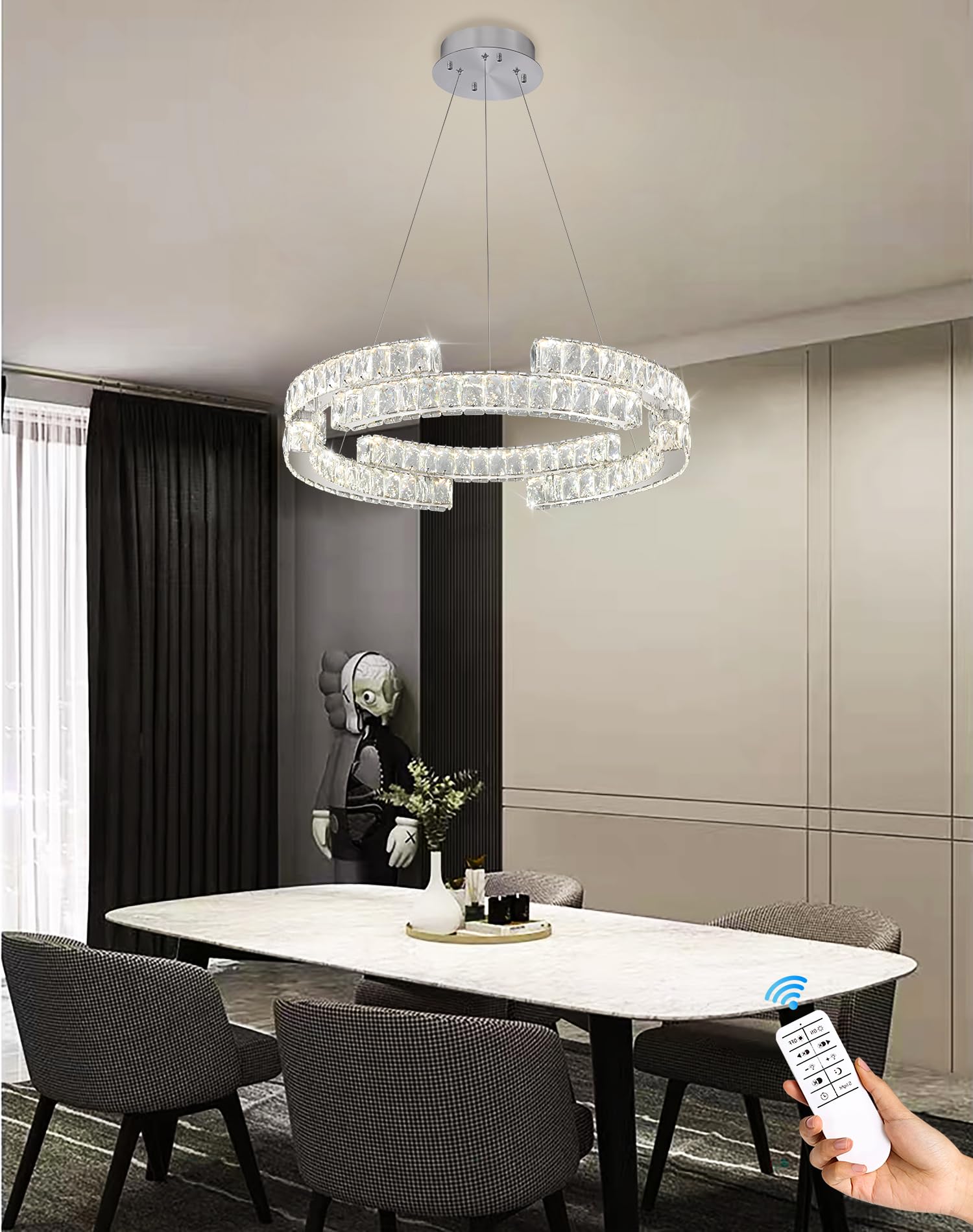 IDEQUY Crystal Chandelier Pendant Lighting, Dimmable LED, Silver, Ceiling D32"+D24"+D16", Model CF8014-XD468