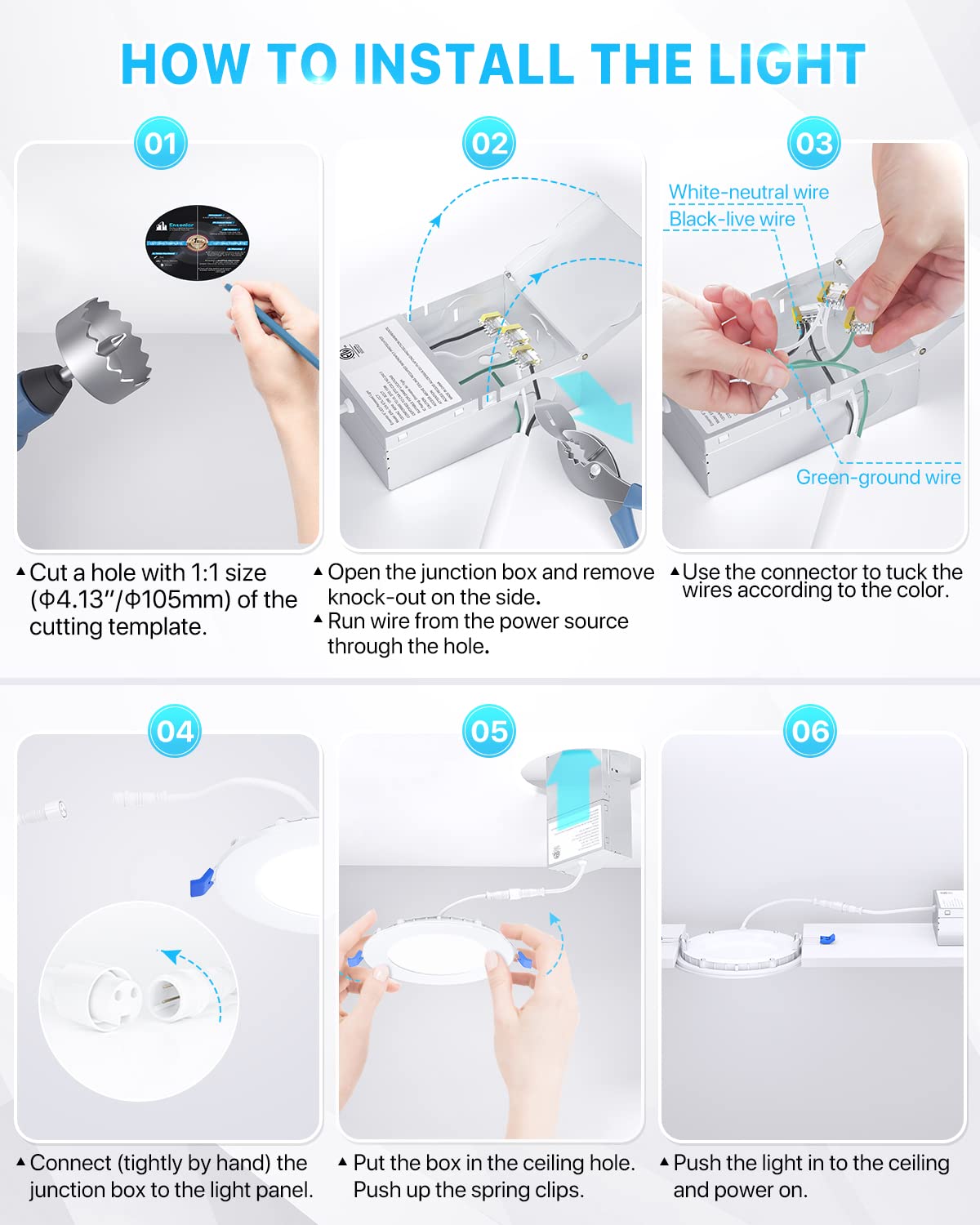 Ensenior 6 Pack 4 Inch Ultra-Thin Led Recessed Light With Junction Box, 2700K/3000K/3500K/4000K/5000K Selectable, 9W 75W Eqv, Dimmable, 750Lm High Brightness - Etl And Energy Star Certified