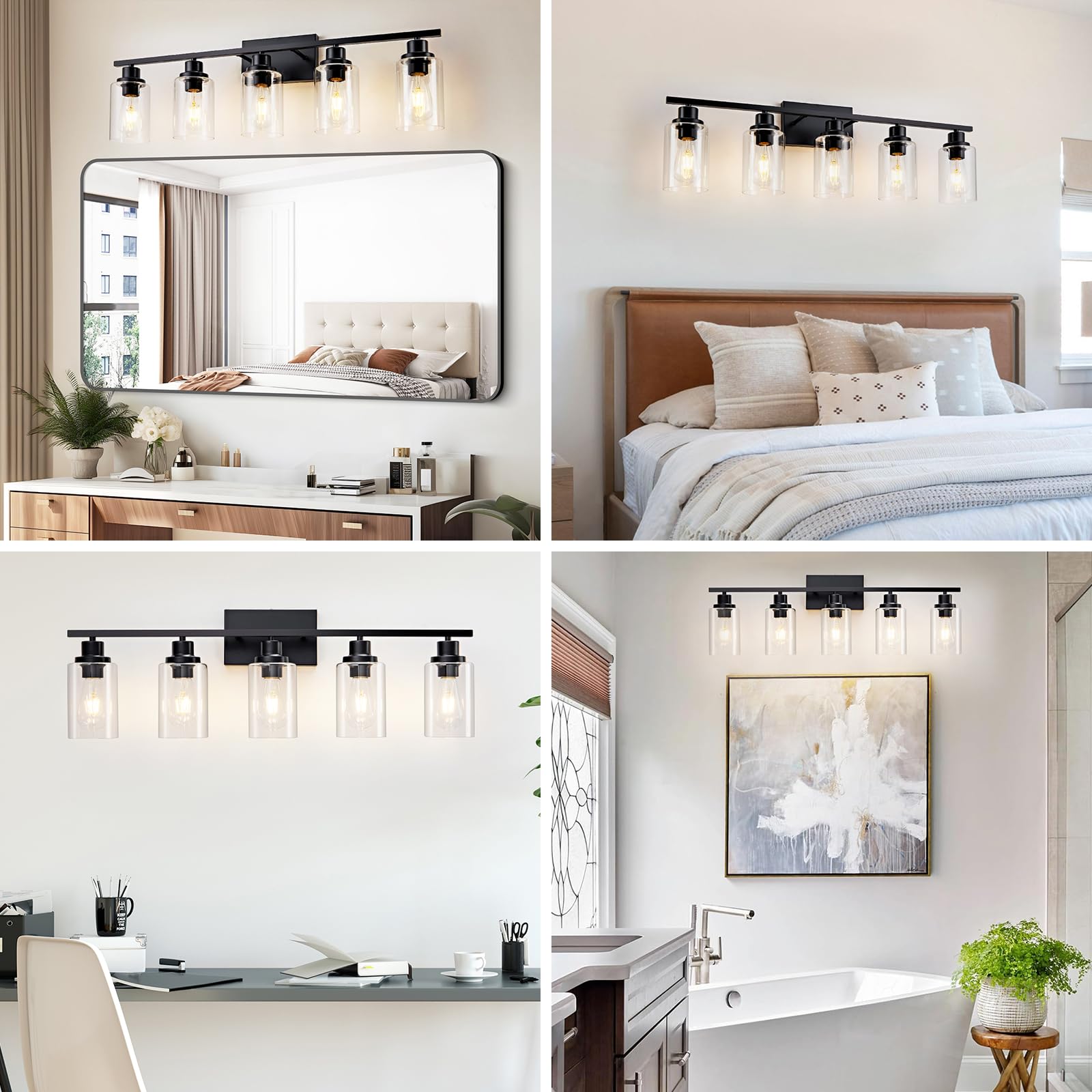 HCCZ 5 Light Bathroom Light Fixtures Black Metal Vanity Light Over Mirror E26 Socket with Glass Shade Model 800-100-1083