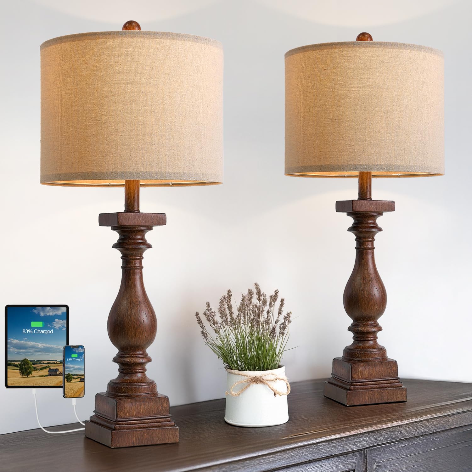 Bobomomo 27'' Farmhouse Living Room Lamps With Usb-A +C Ports, Vintage Rustic Bedside Night Stand Lamps Set Of 2, Linen Shade, R