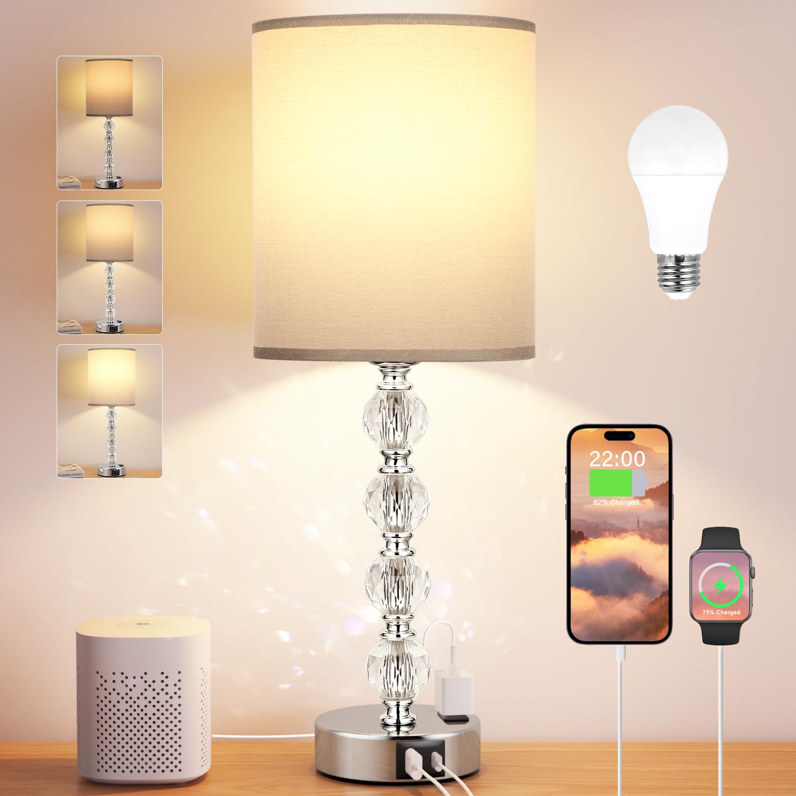 Acaxin Touch Bedside Crystal Lamps For Bedrooms Nightstand With Usb C+A Charging Port And Ac Outlet White, 3 Way Dimmable Silver