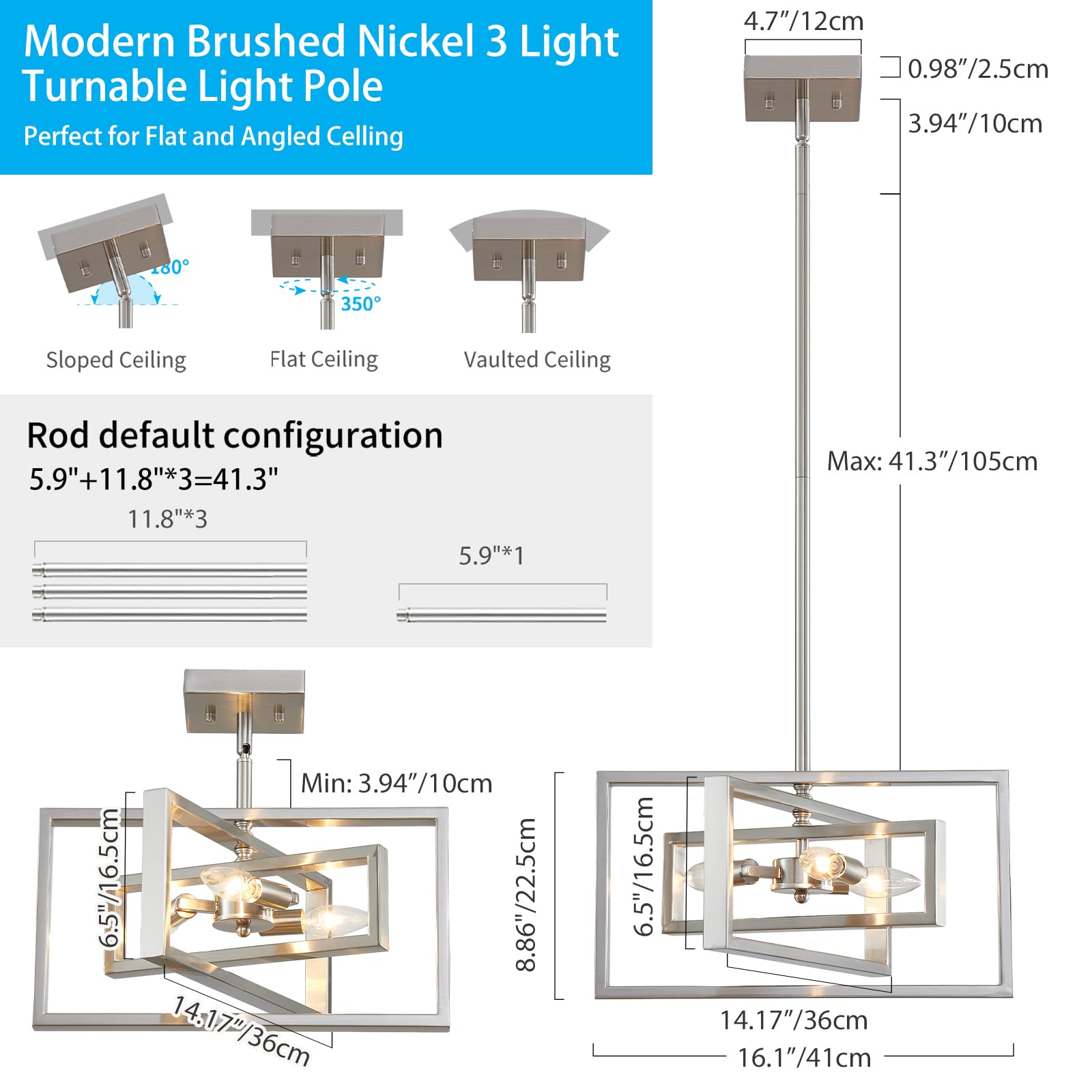 XINGQI 3-Light Brushed Nickel Chandelier - Modern Semi Flush Mount Pendant Lighting for Dining Room, Bedroom, Kitchen, Entry Foyer