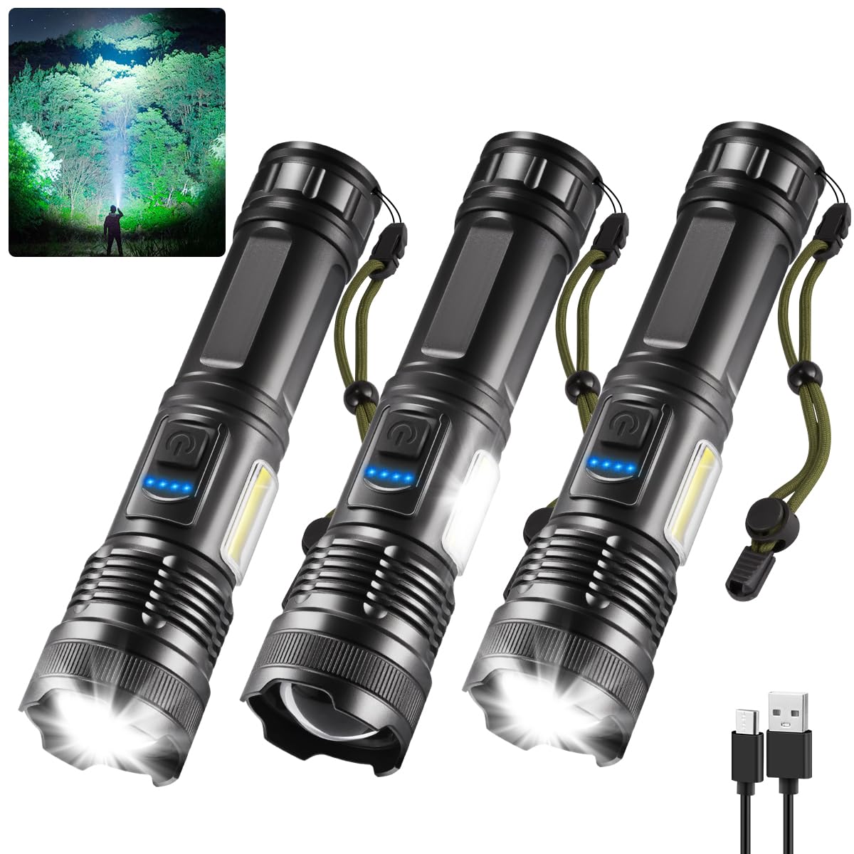 Ikeeruic 7-Mode Rechargeable Flashlights 950000Lm, 3-Pack Tactical Led, Super Bright Emergency Light