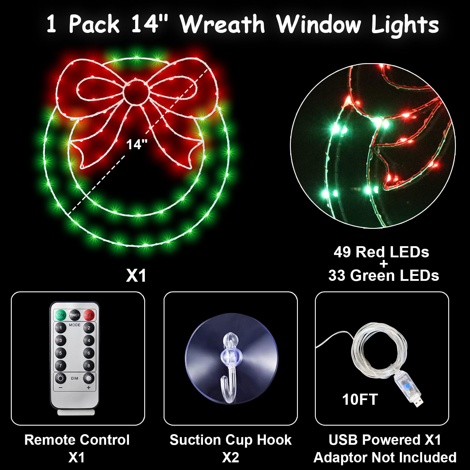 Zimati Christmas Wreath Window Lights Decorations, 14&quot; 82Leds Christmas Wreath Lights With Bow, Timer Remote Control Usb Powered Window Silhouette Lights For Door Home Wall Winter Xmas Party Decor