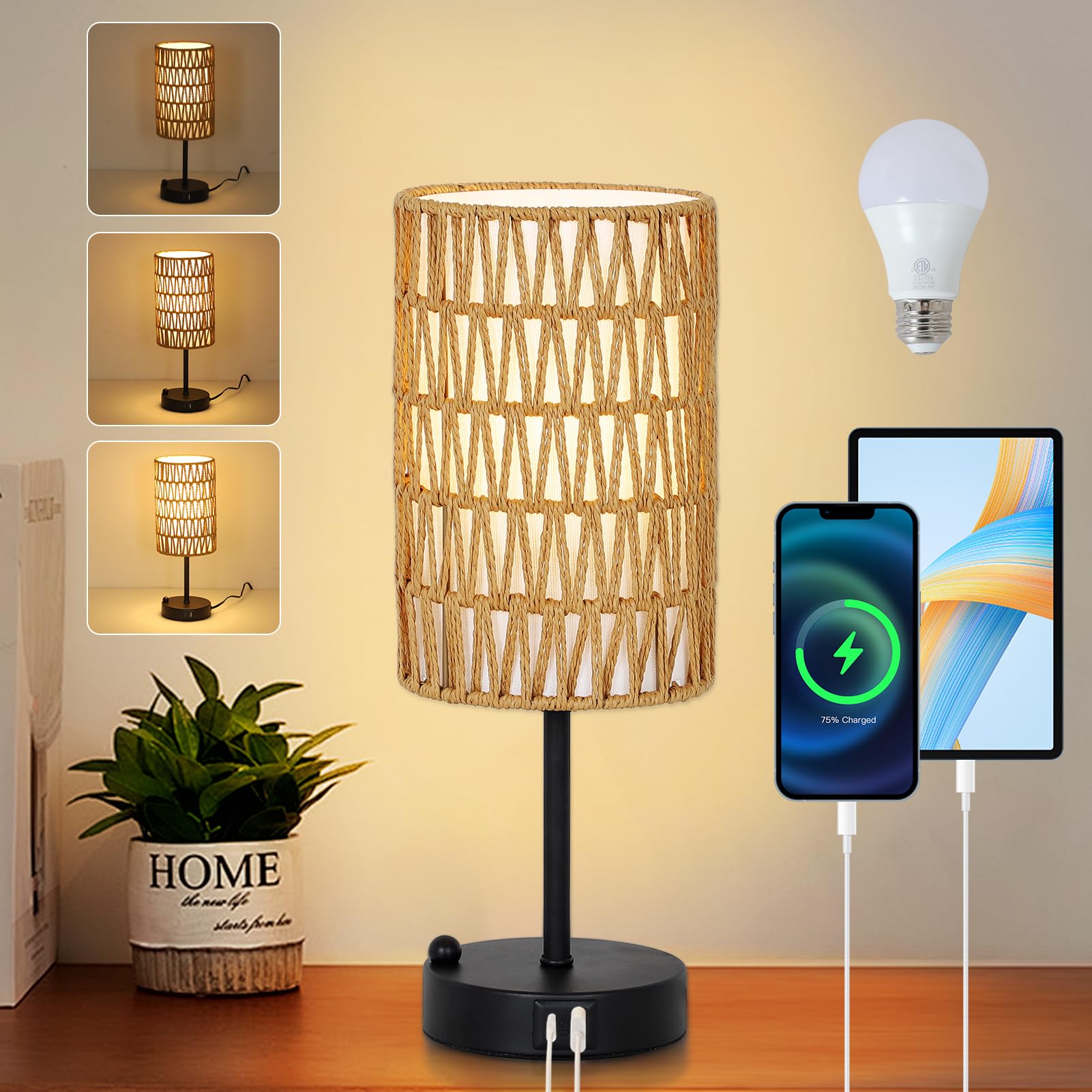 Touch Table Lamp For Bedroom with Bulb, Boho Small Desk Lamp For Living Room With Rattan & Linen Shade, 3 Way Dimmable Bedside T