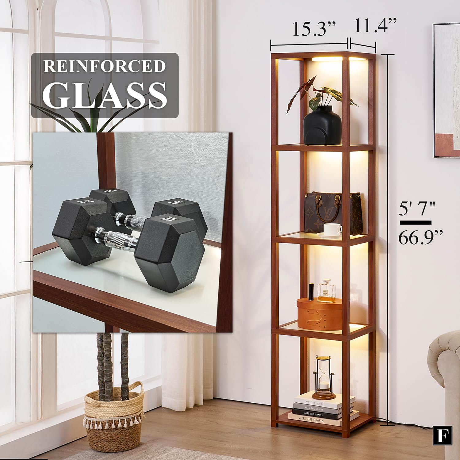 FENLO LED Display Shelf Unit, Dimmable Glass Curio Cabinet, Walnut, Model FEN-109-CCT-WA, Remote Control, Adjustable Lighting