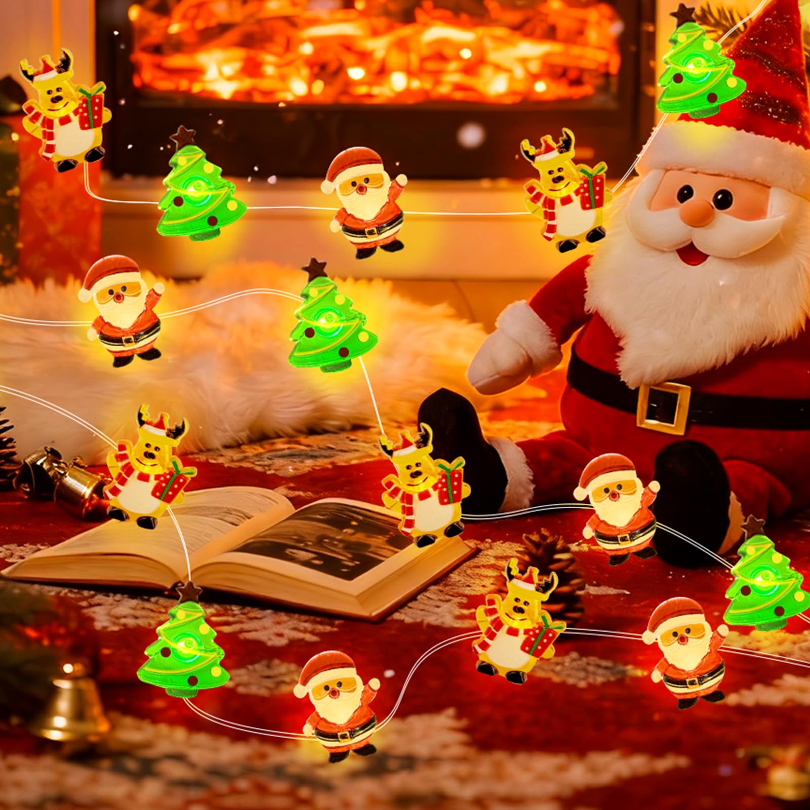 pozzolanas Christmas Fairy Lights  LED Christmas Tree Santa Claus Snowman Moose Lights Decoration  Waterproof Battery Powered Indoor Outdoor Decoration String Lights - 2Pack
