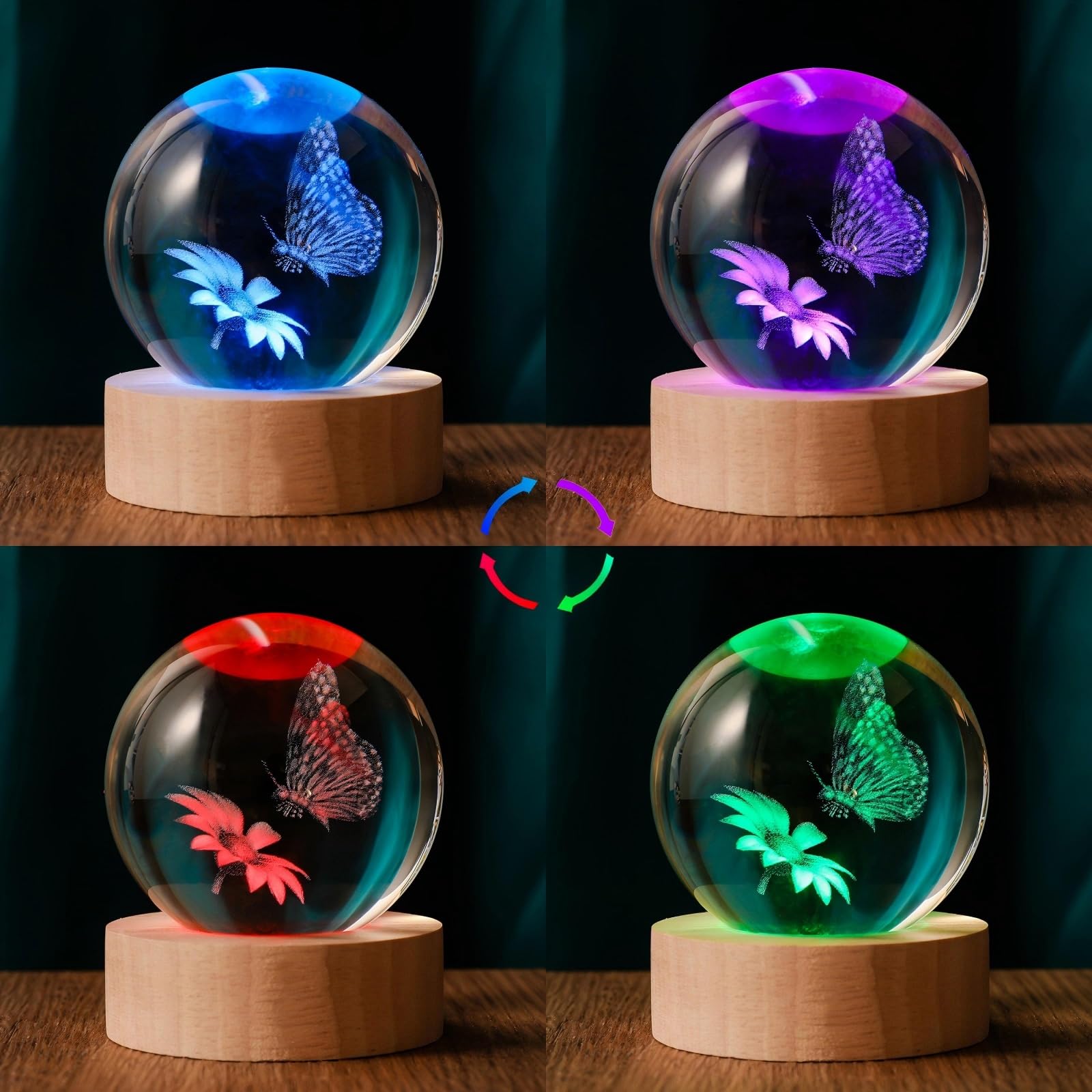 Qianruna 3D Butterfly 60Mm Crystal Ball Butterfly Night Light Lamp Gifts For Women Wife Girlfriend Mom Couple Her Butterfly Figu