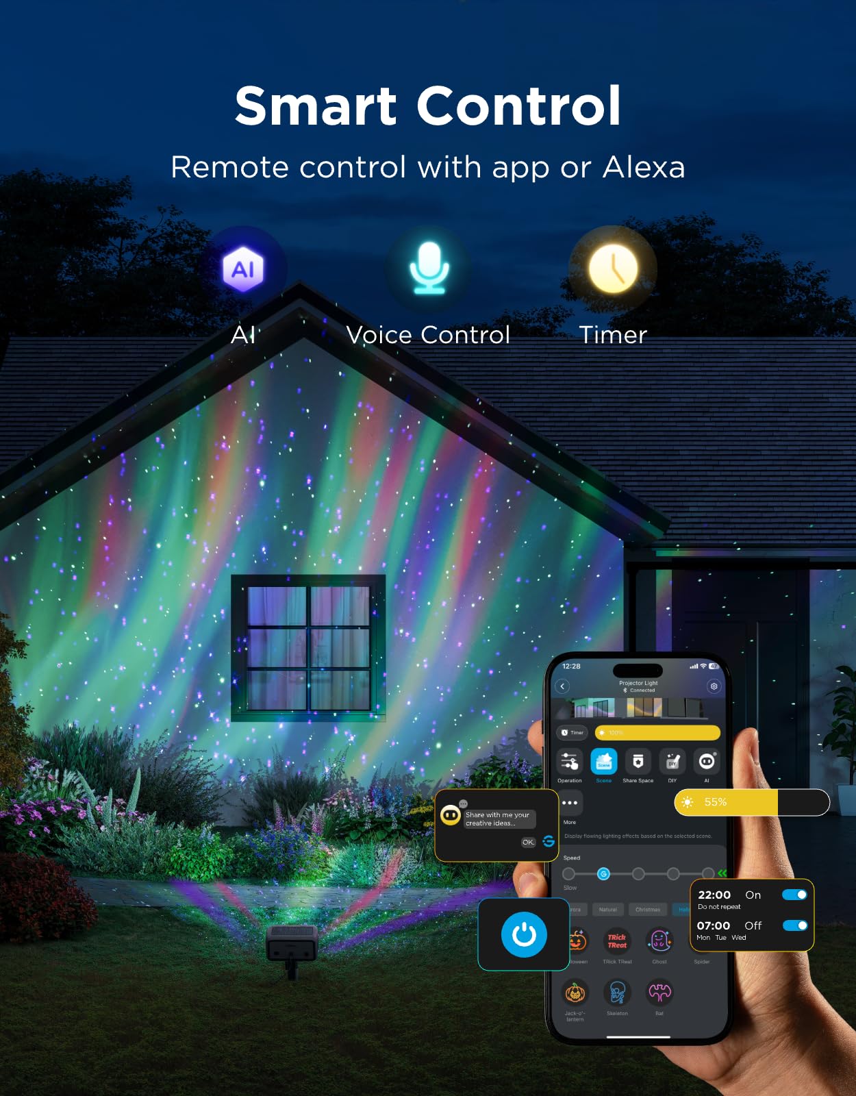 Govee Outdoor Projector Light, Aurora Star Projector, 16 RGB Patterns, IP65 Waterproof, Alexa & Google Compatible, Model H7073, Black