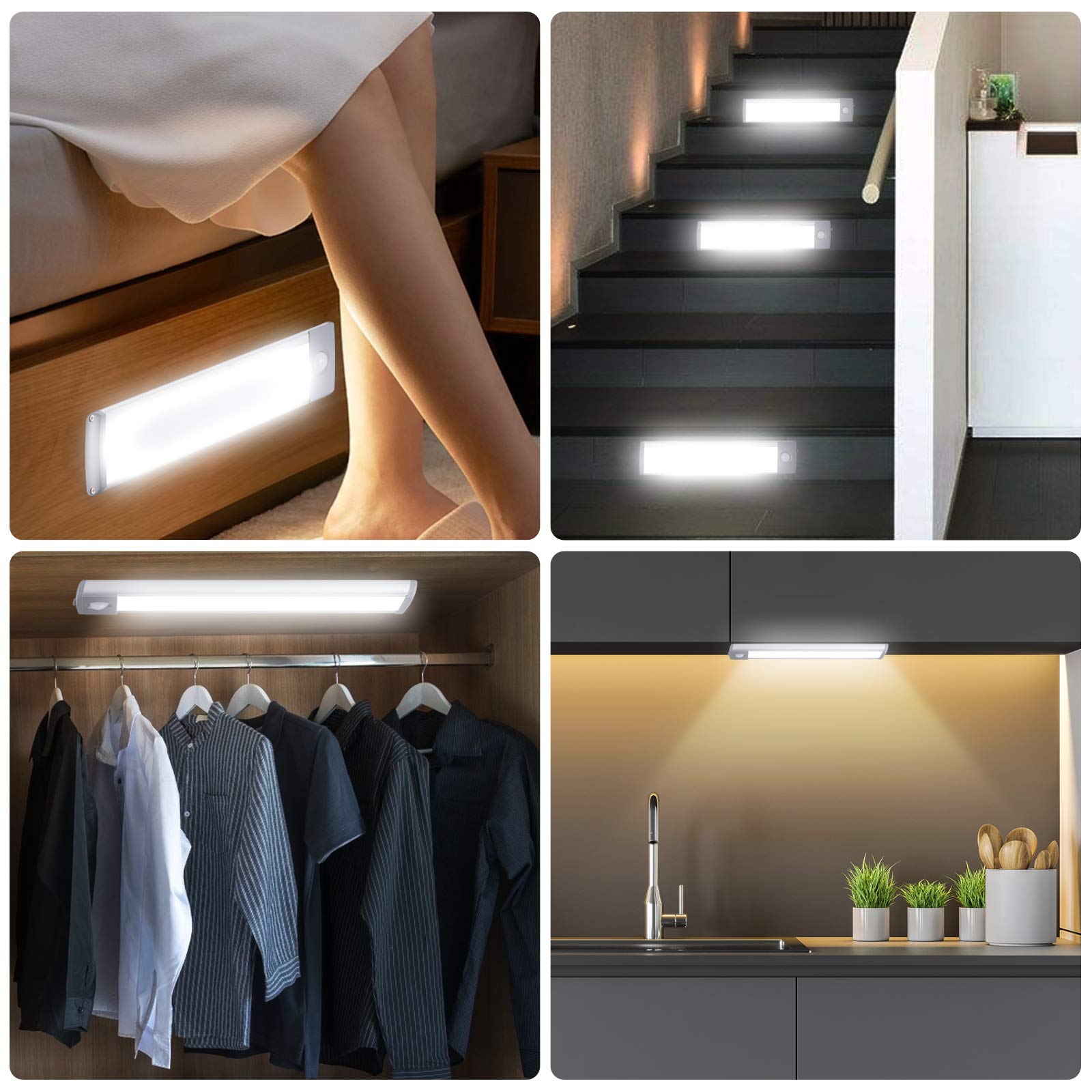 LEPOTEC LED Motion Sensor Closet Light, 30 LEDs, Battery Operated, 7.8'', Silver-White Light (2 Pack)
