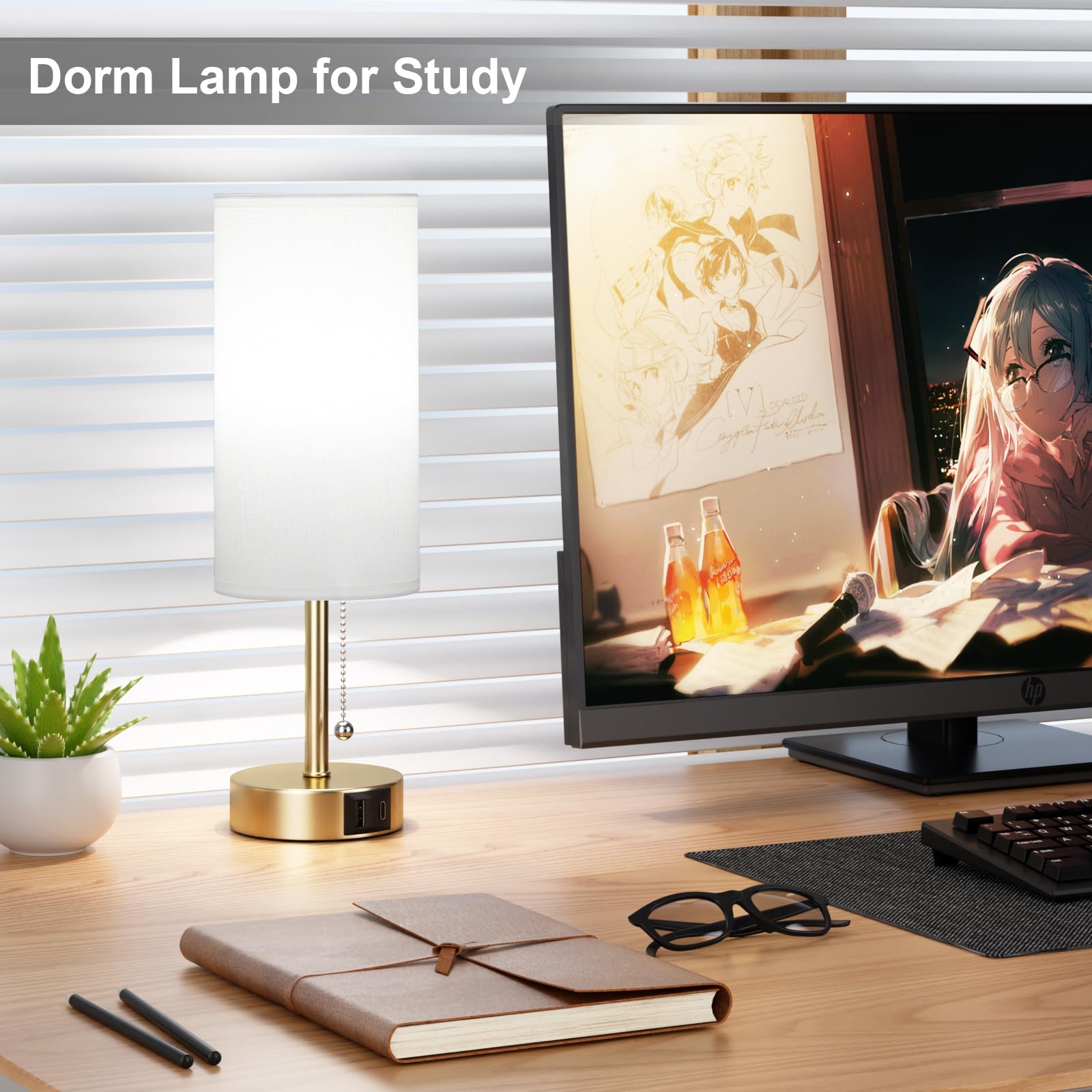 PartageiZ Gold Bedside Lamp - Small Table Lamp with USB A + C Port, 3 Color Temperatures, 14.0In, Model 14-1