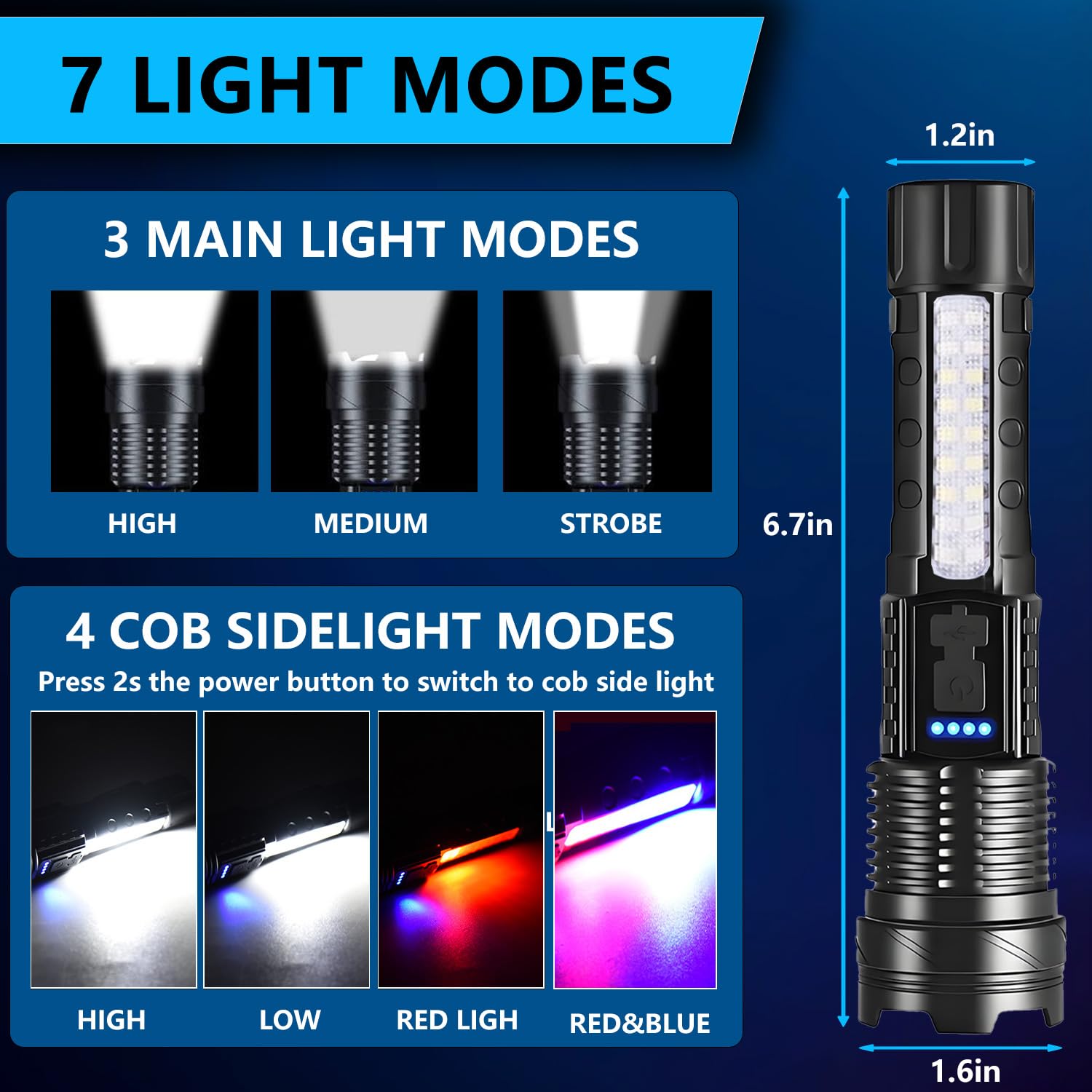Rechargeable Led Flashlights, 990,000 Lumens Super Bright Flash Light, 7 Modes With Cob Work Light, Ipx6 Waterproof, Adjustable
