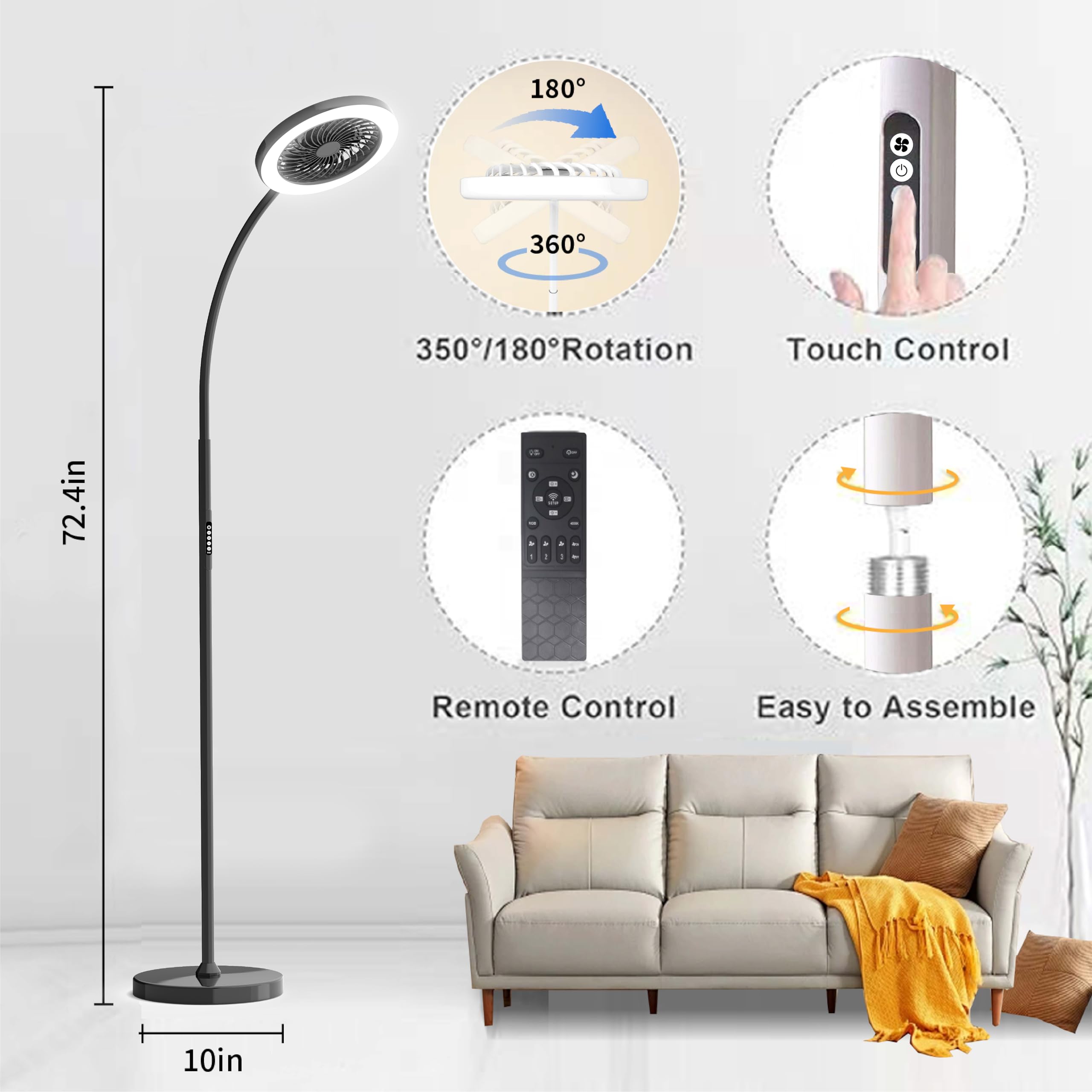 ONIDEK Pedestal Fan & Floor Lamp, RGB 18W/1500lm, 3-Speed, Adjustable 3000K-6000K, Remote Control, Black, Model LDFS
