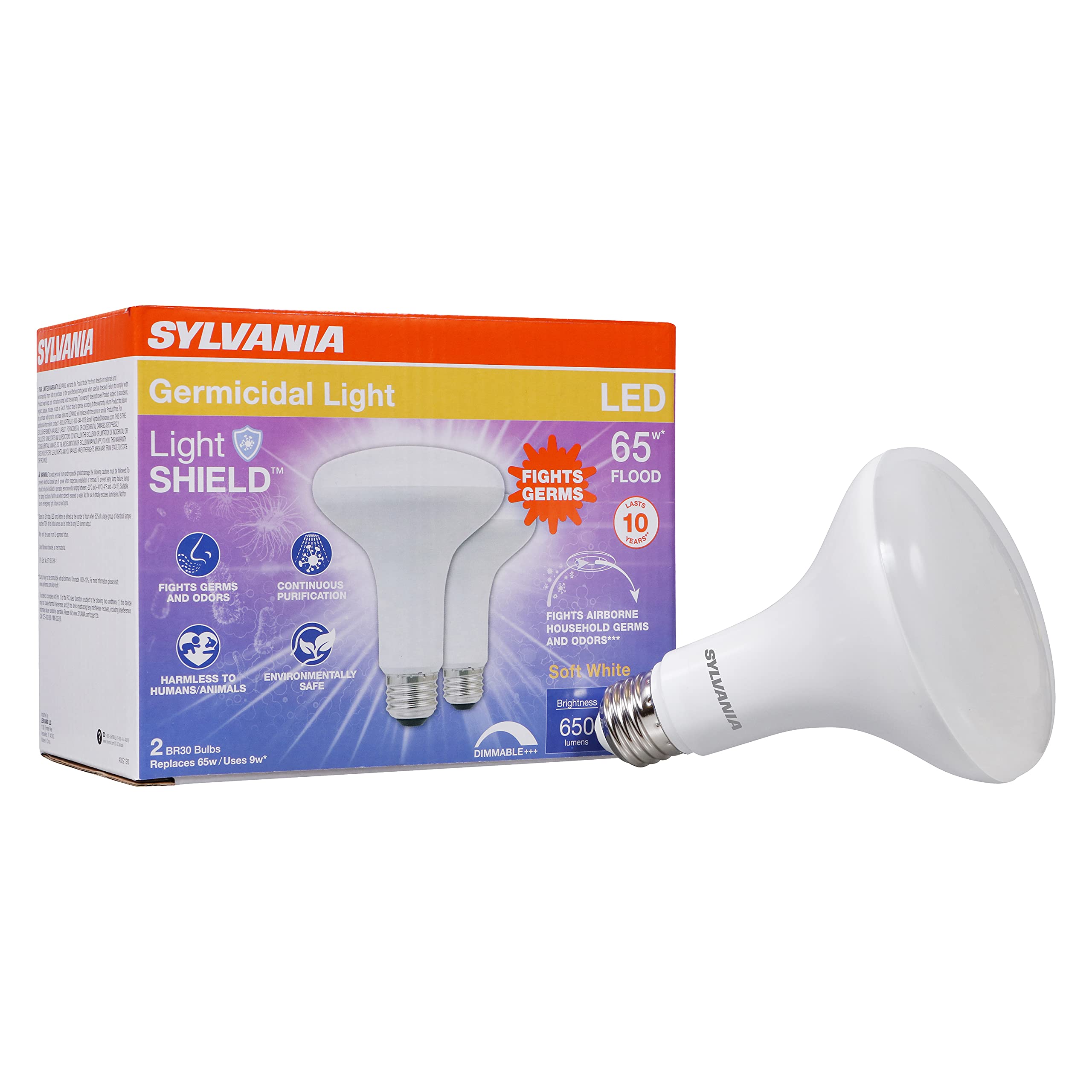 LEDVANCE Sylvania LightSHIELD BR30 Germicidal LED Light Bulb, 9W=65W, 10 yr, Dimmable, 650 lm, 2700K, Soft White - 2 Pack (41067