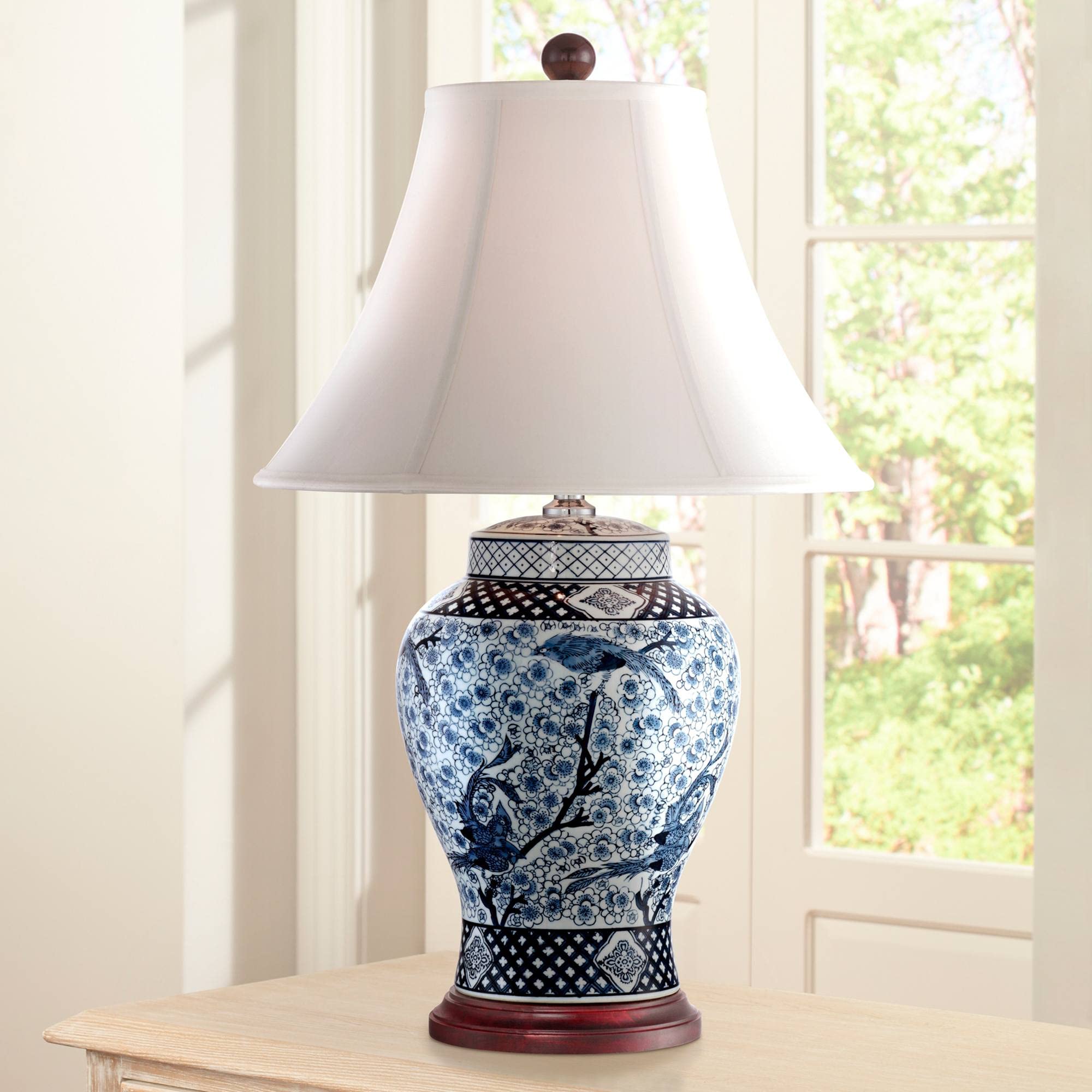 Barnes and Ivy Shonna Asian Chinese Ginger Jar Table Lamp 27'' Tall Porcelain Blue White Bird and Branch Bell Shade Decor for Li