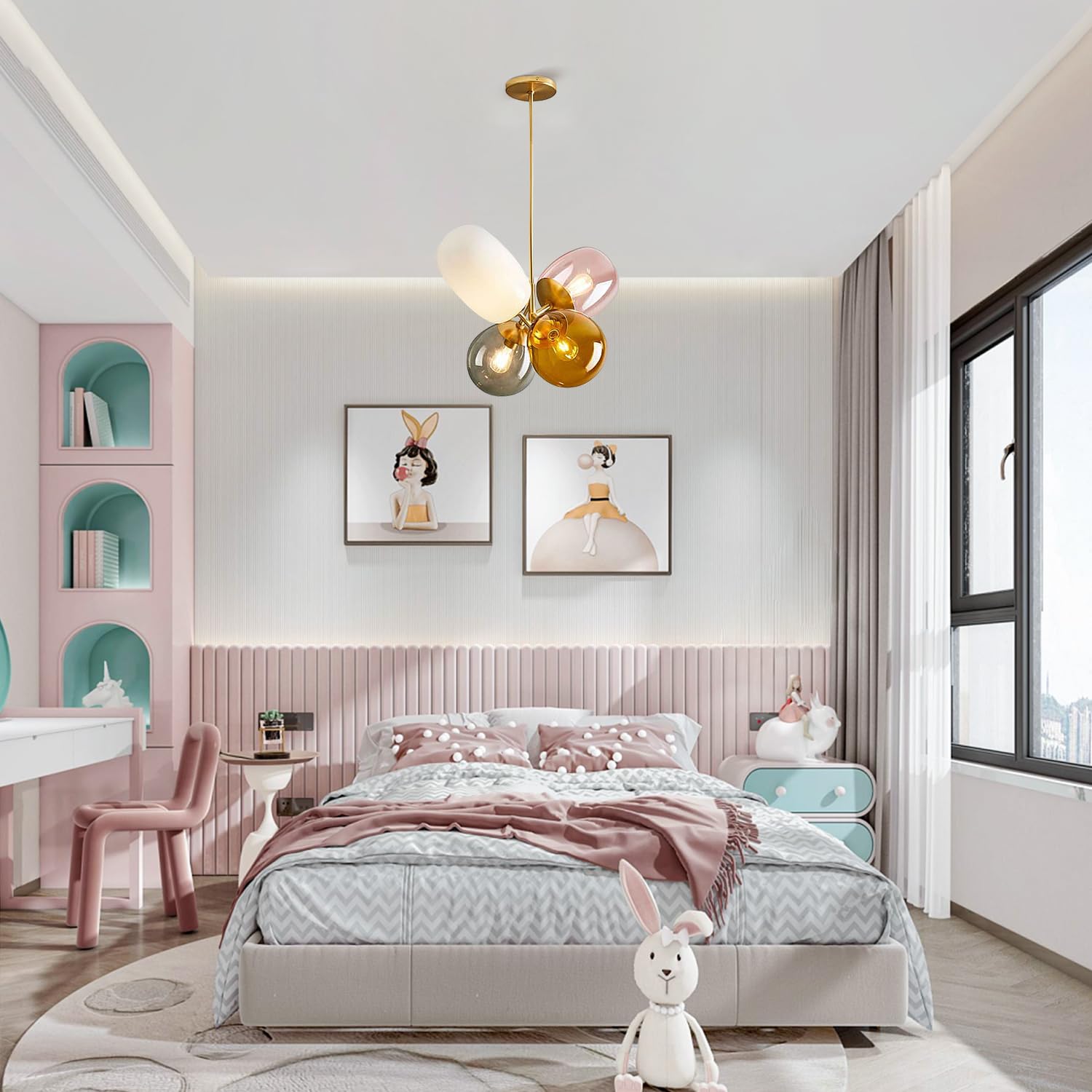 KCO Modern Colorful Pendant Light, Stained Glass Gold Globe Chandelier, Model L1088, Ideal for Kitchen Island & Kids Room