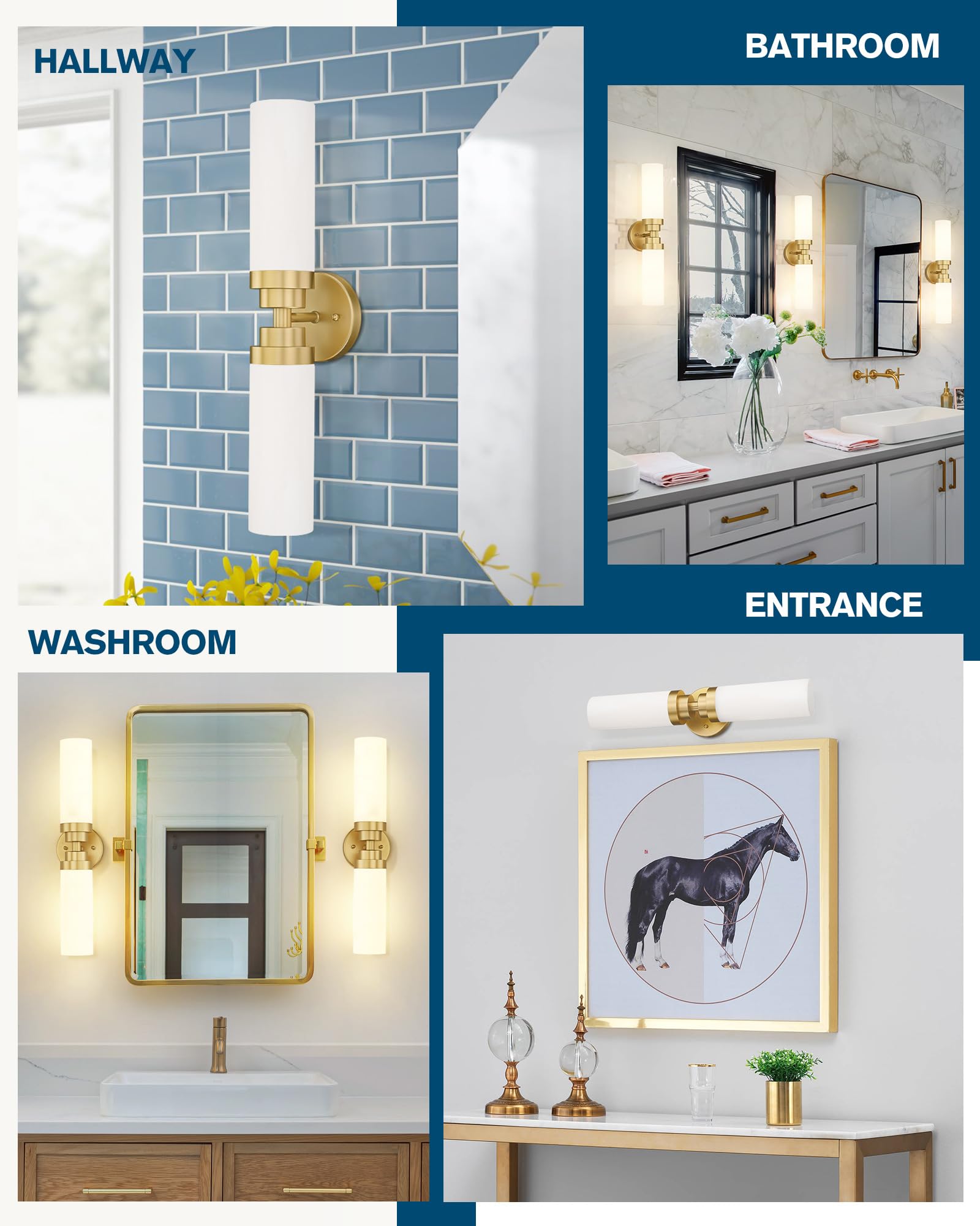 Emak 22" Gold Bathroom Light Fixtures - Modern Wall Sconce Set with Milk Glass Shade, Model VL085-GDL-ML-2-2PK, 2 Lights