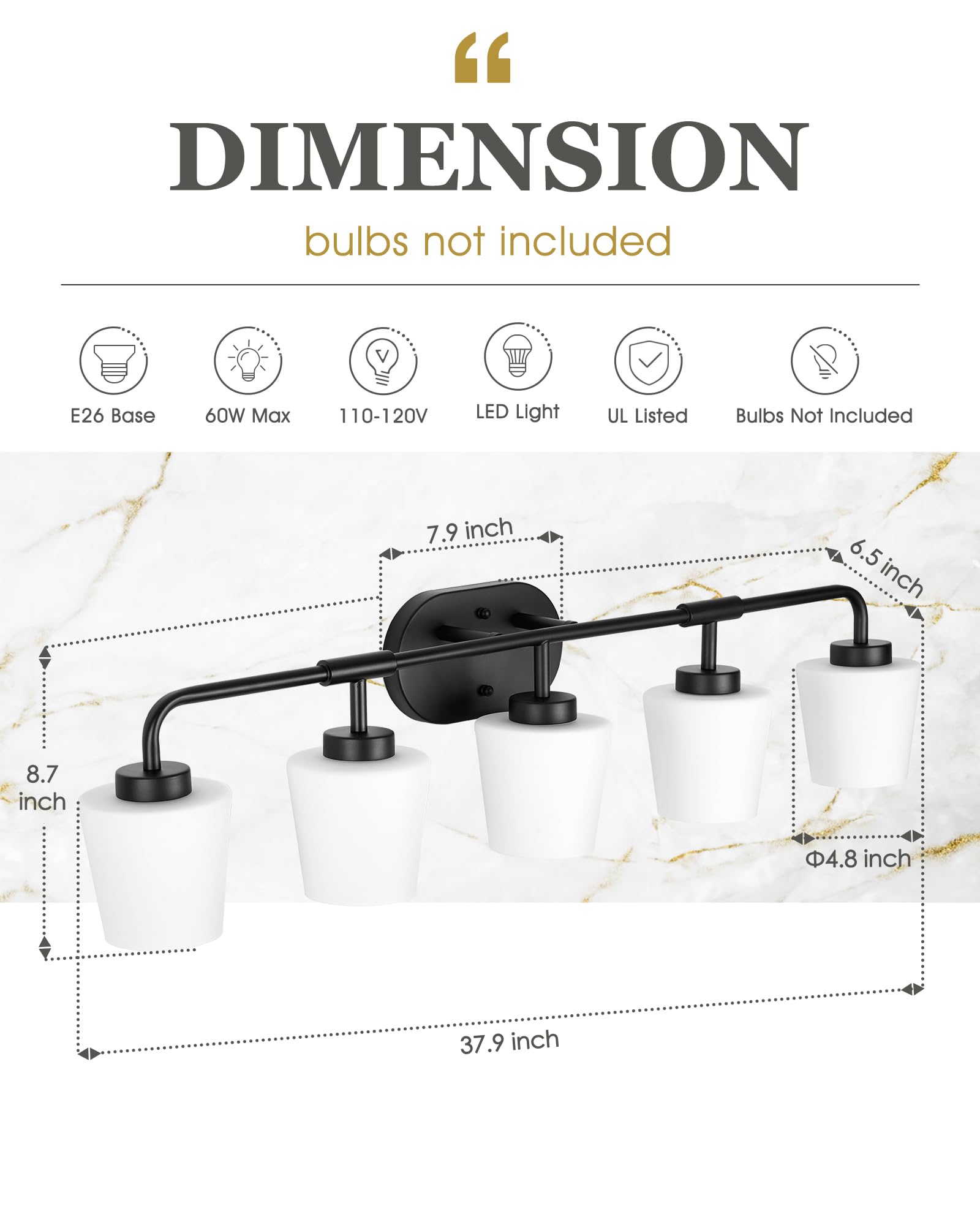 Audickic Bathroom Light Fixtures Over Mirror, 5-Light Matte Black Vanity Lighting Fixtures With Milk White Glass, 38Inch Farmhou