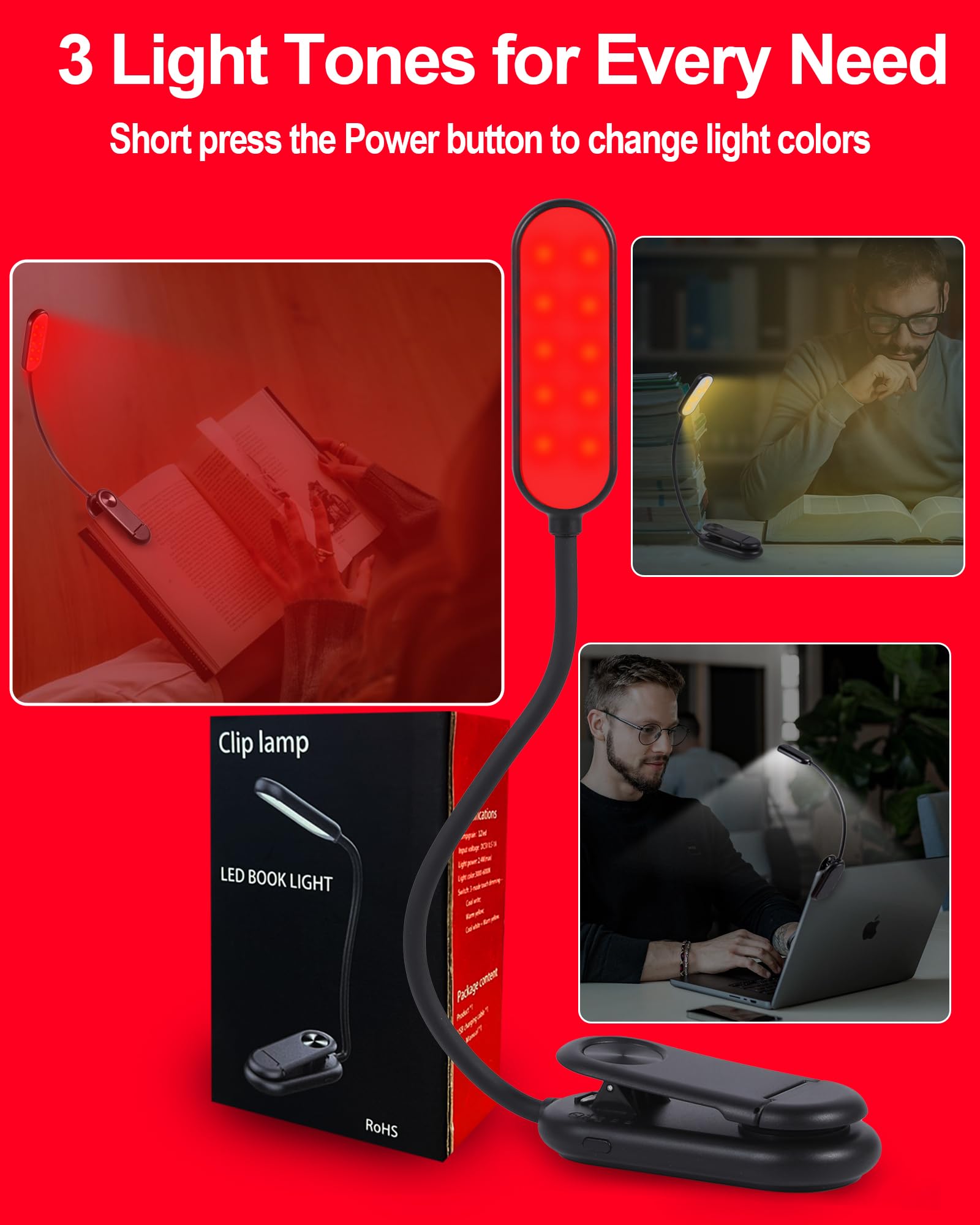 Finezeal Rechargeable Red Book Light - Portable LED Therapy Lamp, 3 Modes, Clip-On, Black-1 Pack