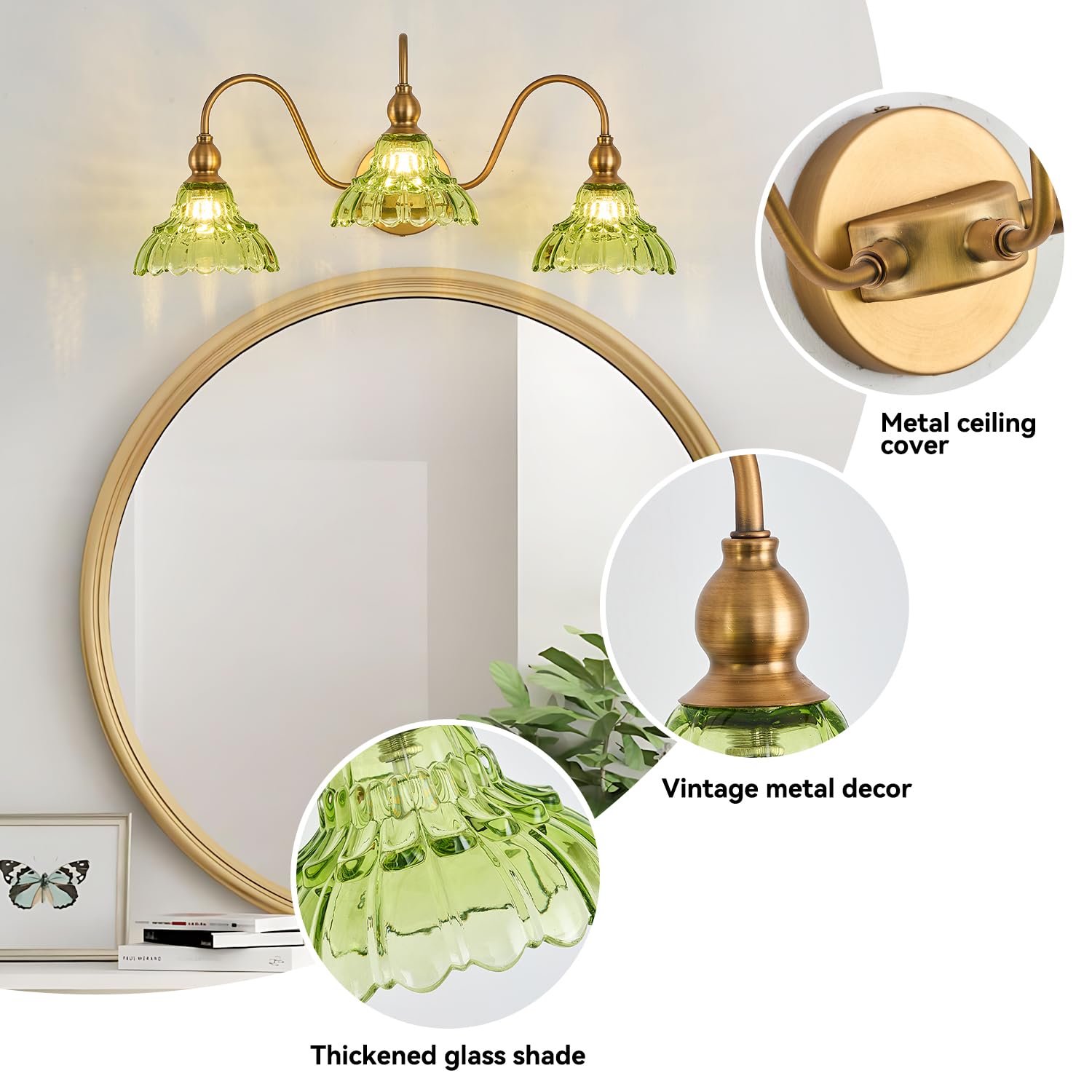 TLOLGT Vintage 3-Light Bathroom Vanity Light Fixture - Green Glass Wall Sconces for Bedroom, Living Room, Kitchen, Model LS178-3