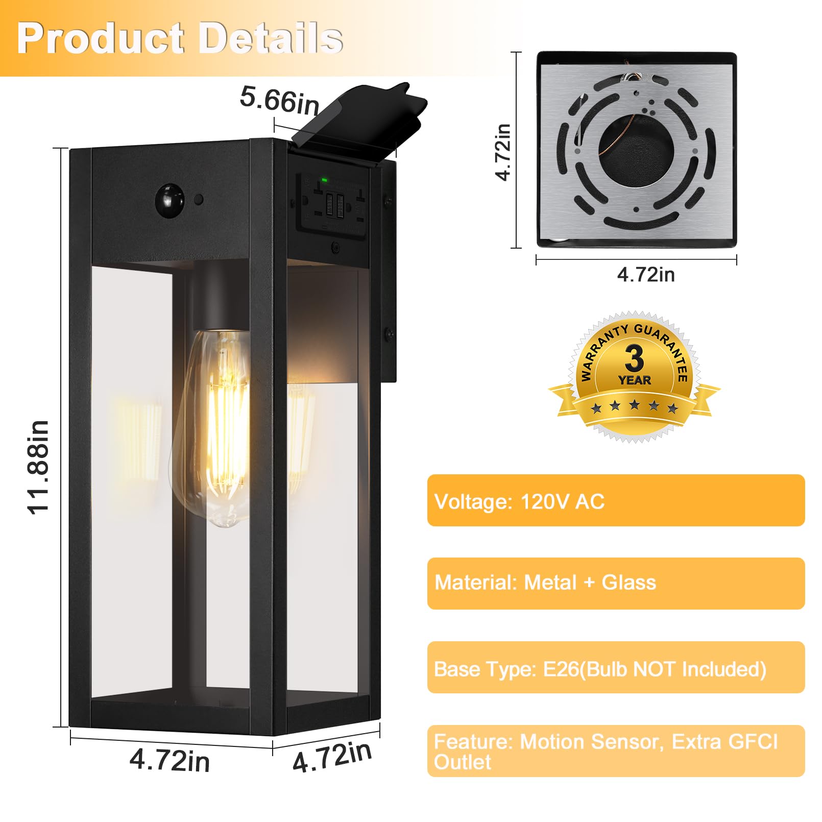 OYKYOHEI Porch Lights with GFCI Outlet, Dusk to Dawn Sensor, Waterproof Metal Wall Sconce, 11.88" Black, 1-Pack