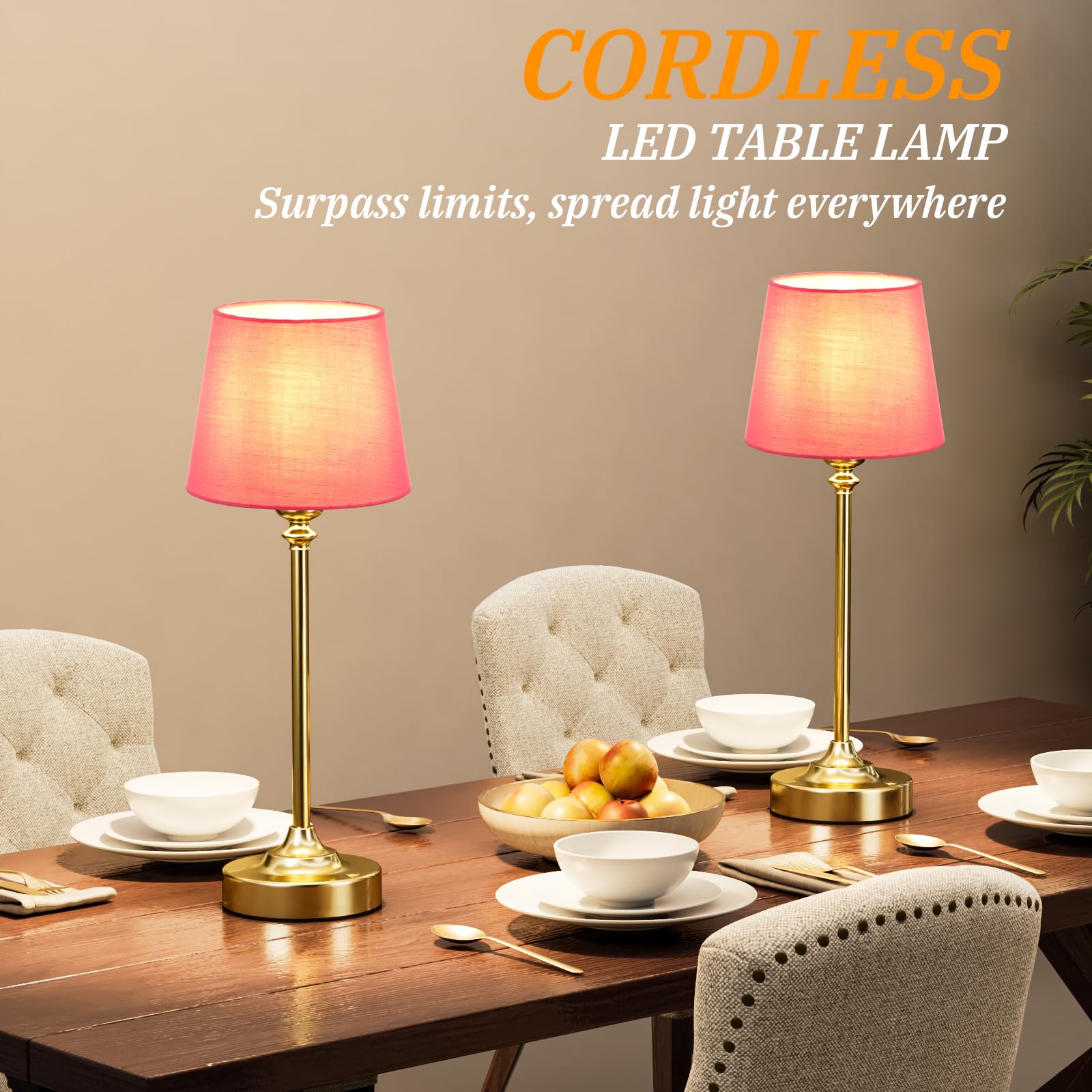 Kakanuo Cordless Table Lamps Set - 2 Pack, 15.8in, Touch Control, 3000K Dimming, Rose-Gold, Battery Operated for Bedroom & Living