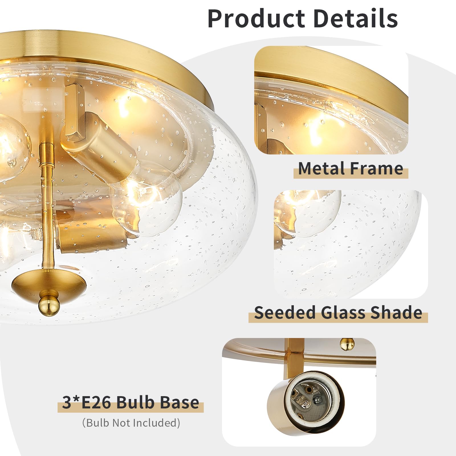 Darkaway Ceiling Light Fixture, 3-Light Flush Mount, Seeded Glass Shade, 13.38in Size, Gold Finish, Model 6T1F, Indoor/Outdoor Use