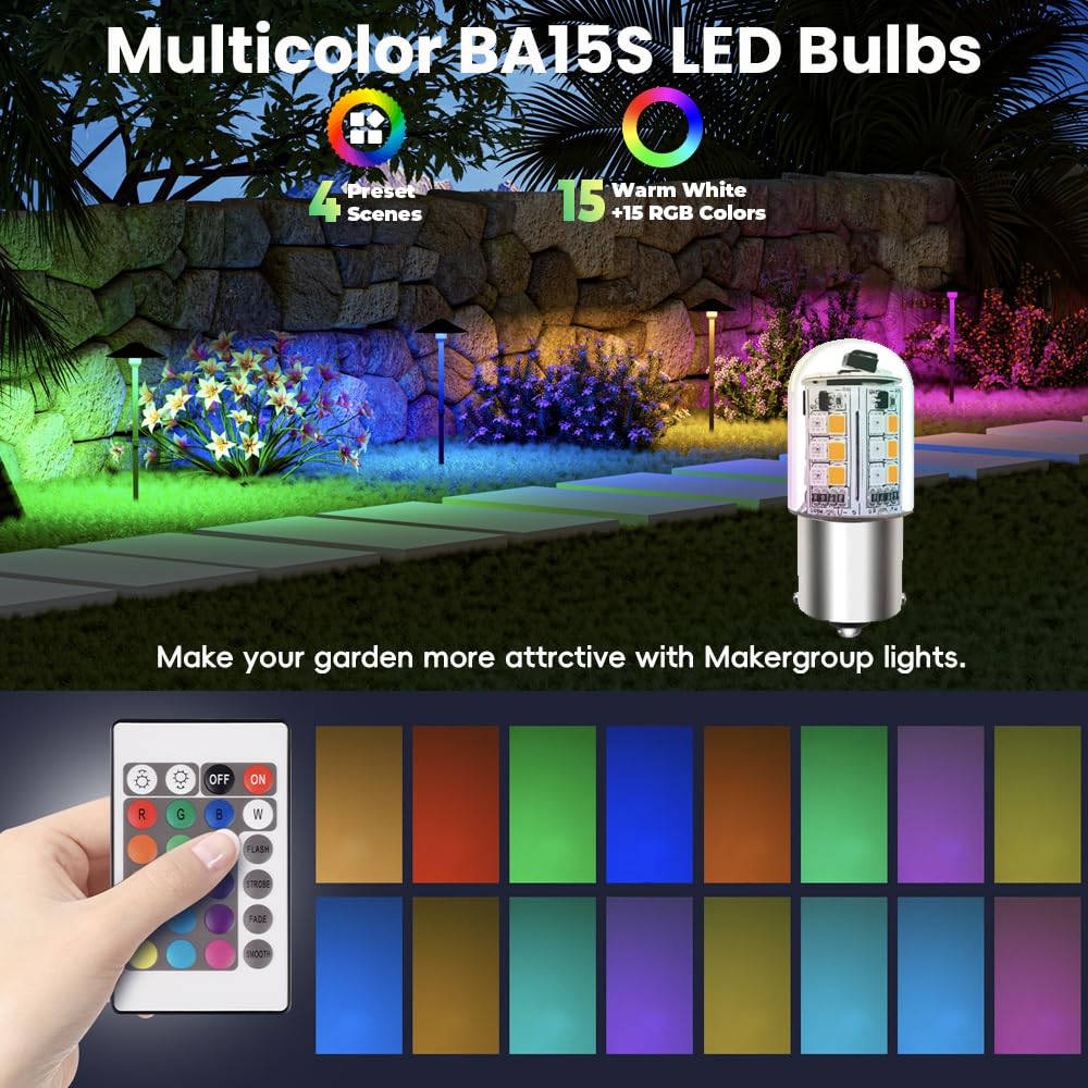 Makergroup 12V RGB BA15S LED Bulbs 6-Pack - Multi-Colored, Dimmable, Weatherproof, 1141/1156 Model for Outdoor/RV Lighting