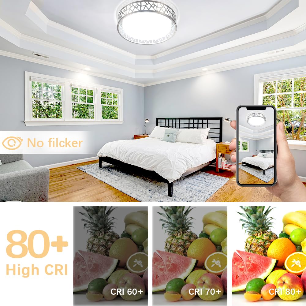 Vicnie Flush Mount Ceilling Light Fixture With Remote Control, 12 Inch 3000K-6500K Led Ceiling Lights,24W Brushed Nickel Ceiling