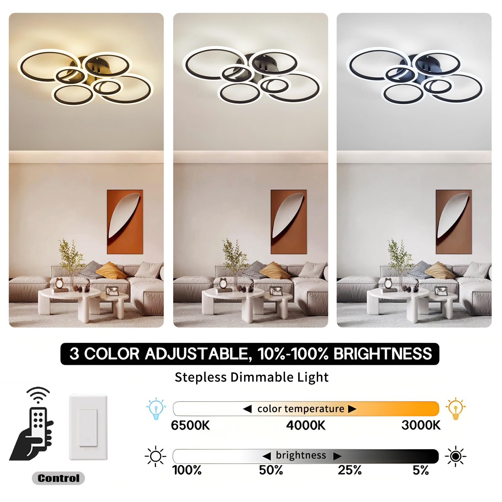 Cyaruy Modern Light Fixtures Ceiling, Dimmable Led Semi-Flush Mount Ceiling Lighting, 6-Rings Black Chandelier Ceiling Lamp With