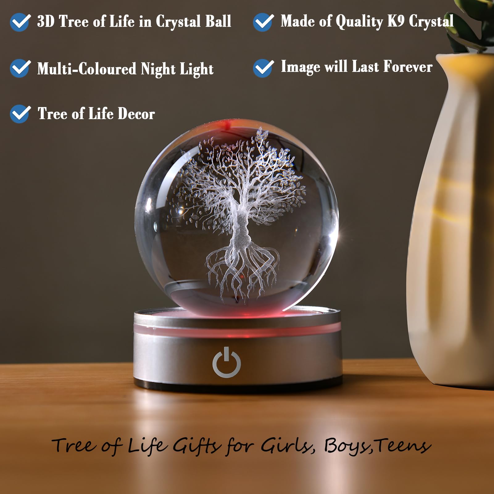 Ifolaina 3D Tree Of Life Crystal Ball Night Light Laser Engraved Glass Tree Globe Light Tree Life Decor Gifts For Men Women Crys