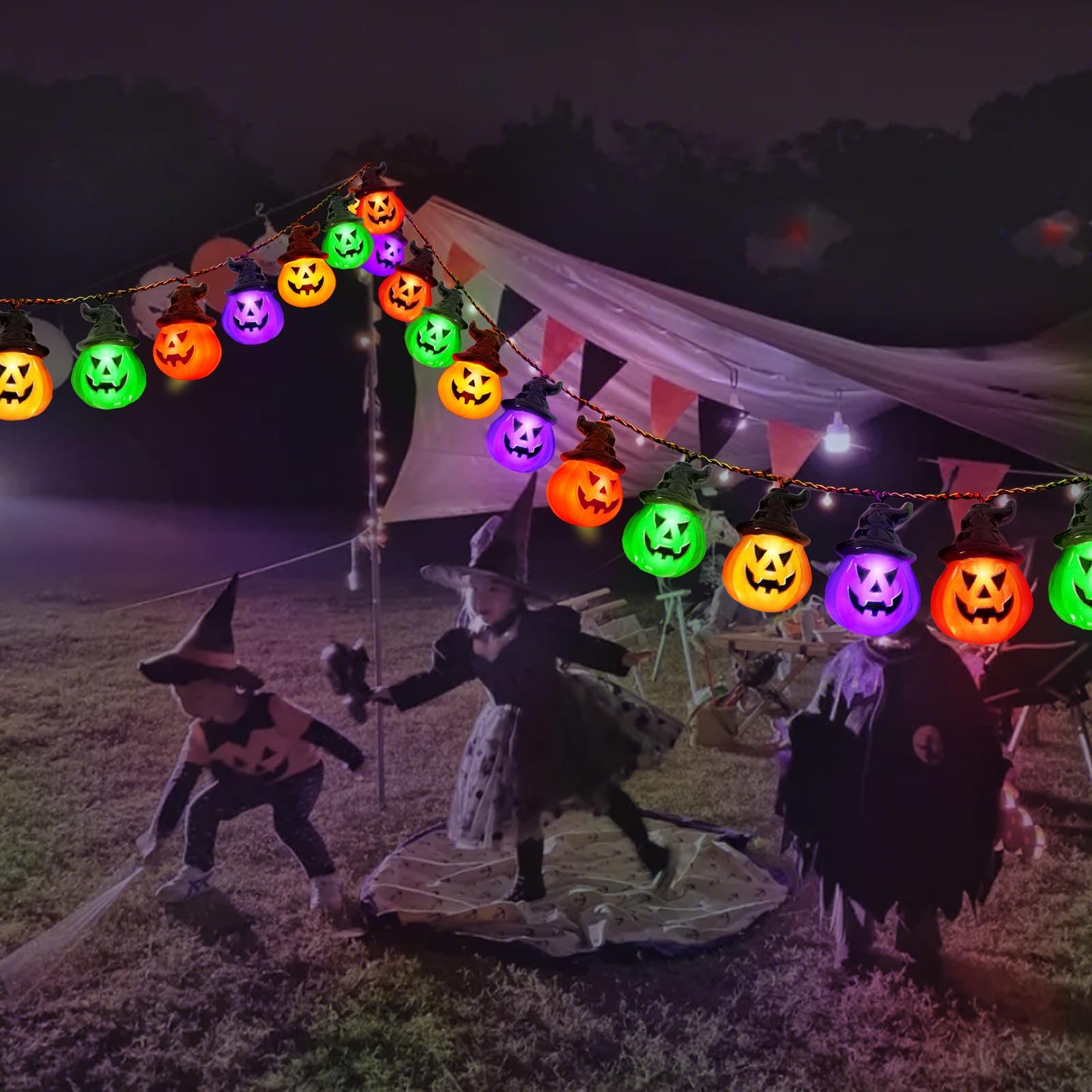 Windpnn Upgraded Battery Operated Halloween Pumpkin Lights, 30 Led, 8 Modes, Waterproof, Indoor Outdoor Use(Orange & Purple & Green Red)