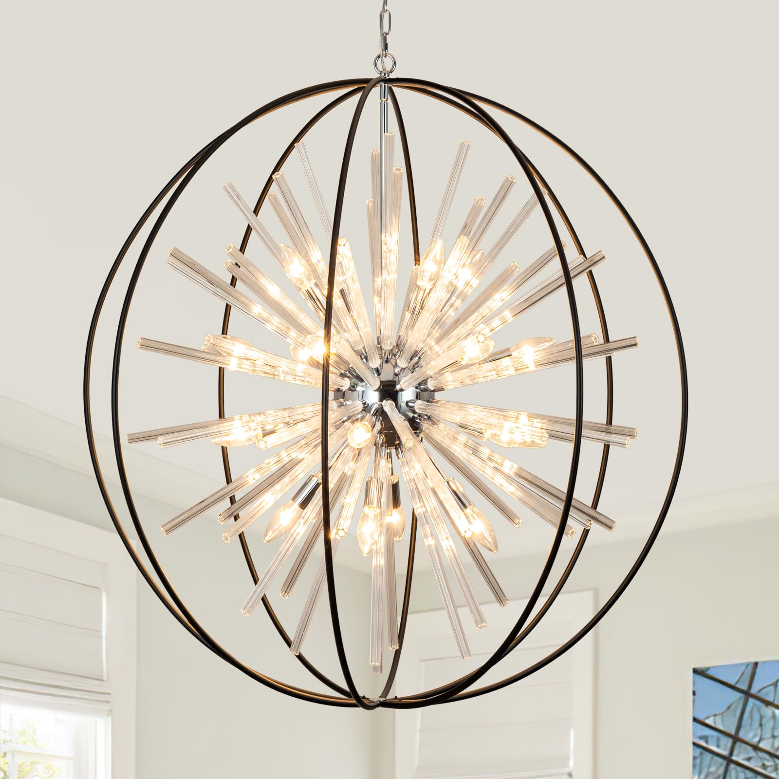 Vezzio Large Black Crystal Chandelier 20-Light Modern Globe Sputnik Chandeliers For High Ceiling Foyer Entryway Stairway Dining 