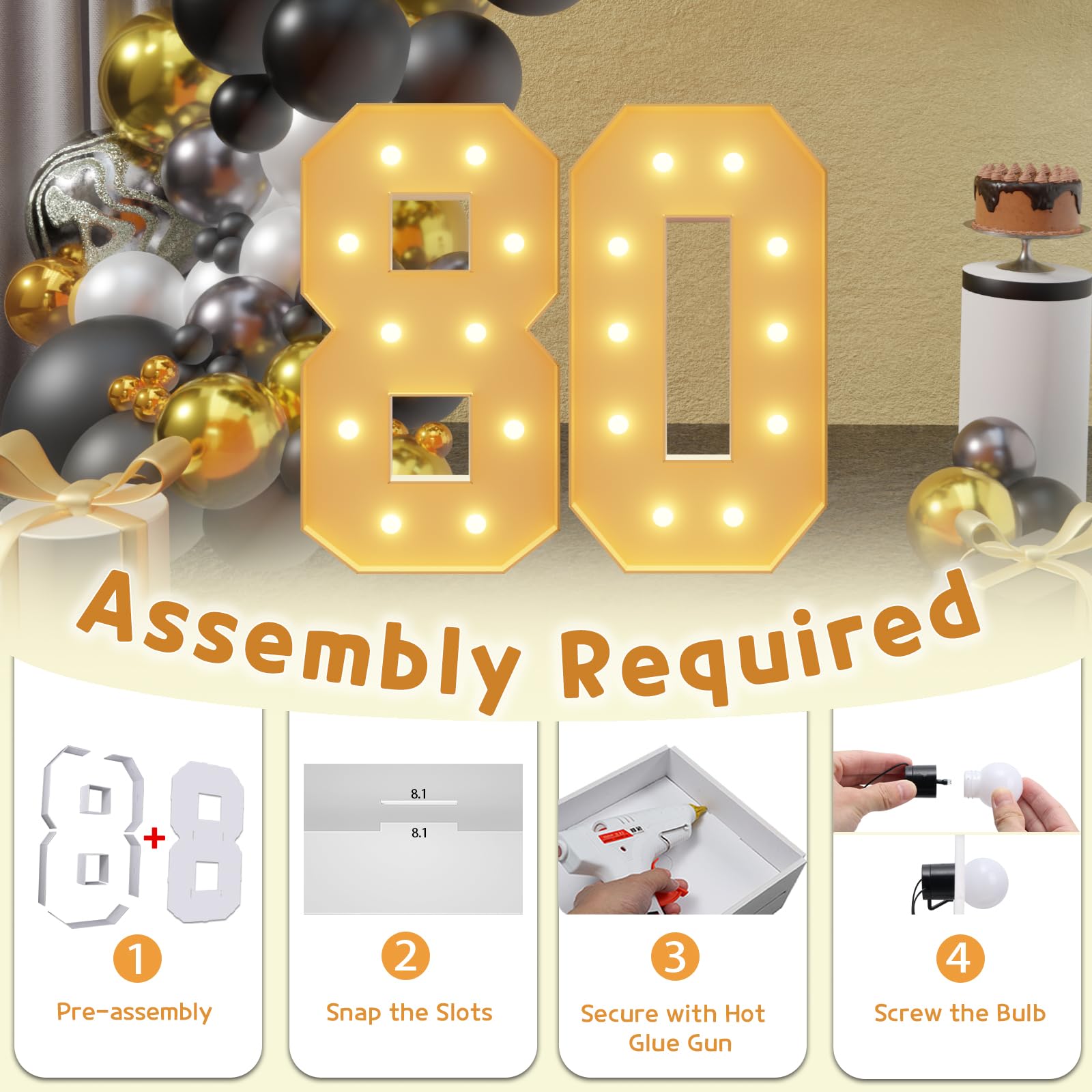 imprsv 4FT Light Up Numbers 80th Birthday Decor Foam Board - Marquee Decorations for Anniversary Party - Large Number 80