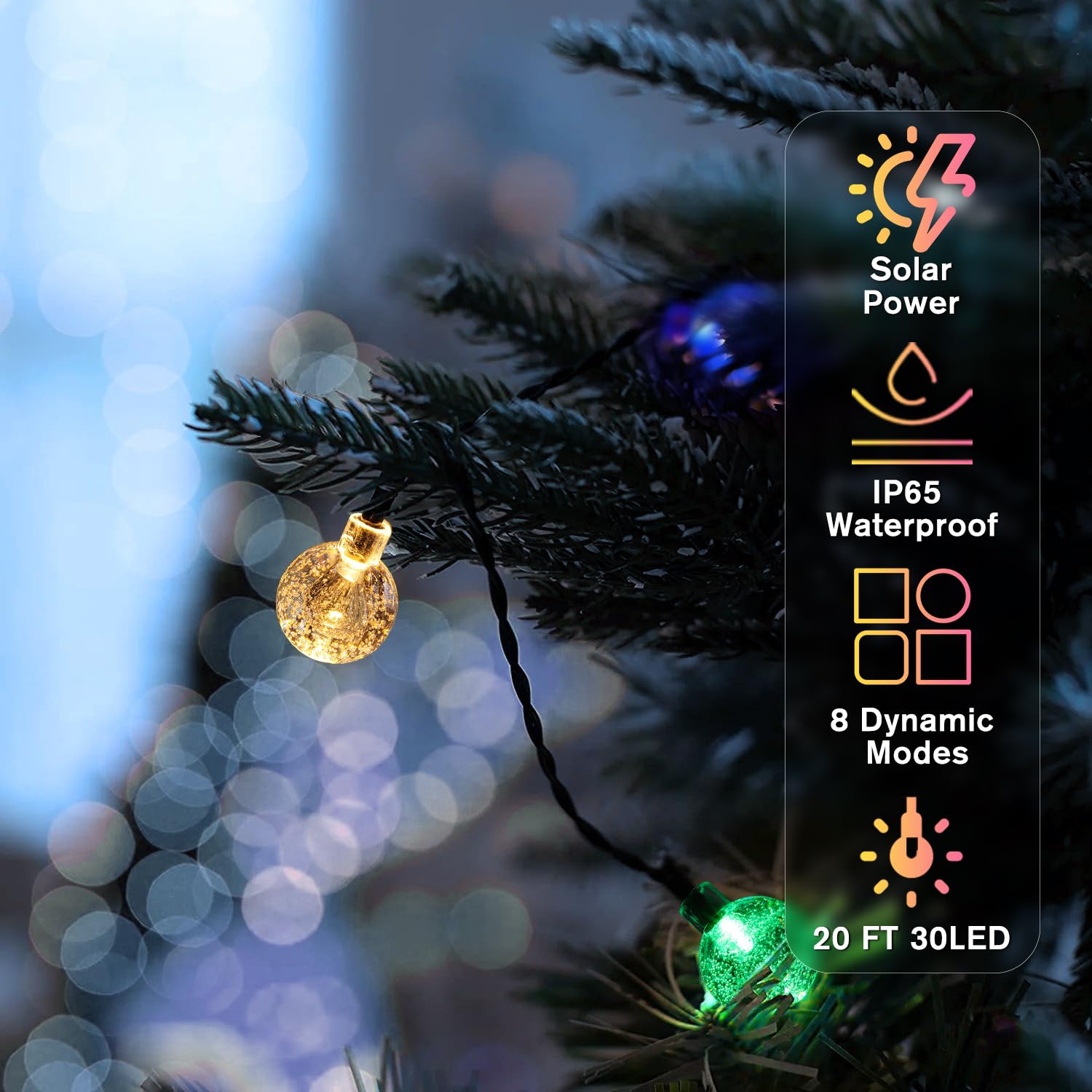 Metaku Solar String Lights, 20FT 30 LED Crystal Globe, 8 Lighting Modes, Outdoor Decor, Multicolor