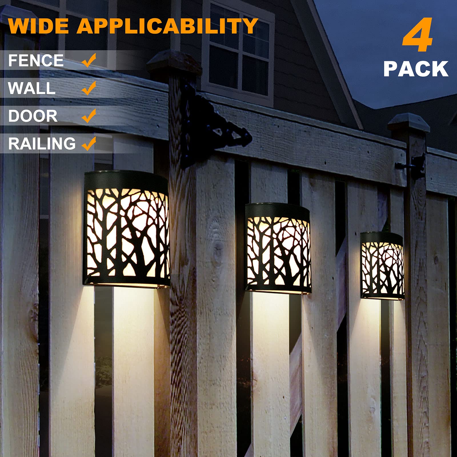 Denicmic Solar Wall Lights, Waterproof Outdoor Sconce, Warm White/Color Changing, 4 Pack
