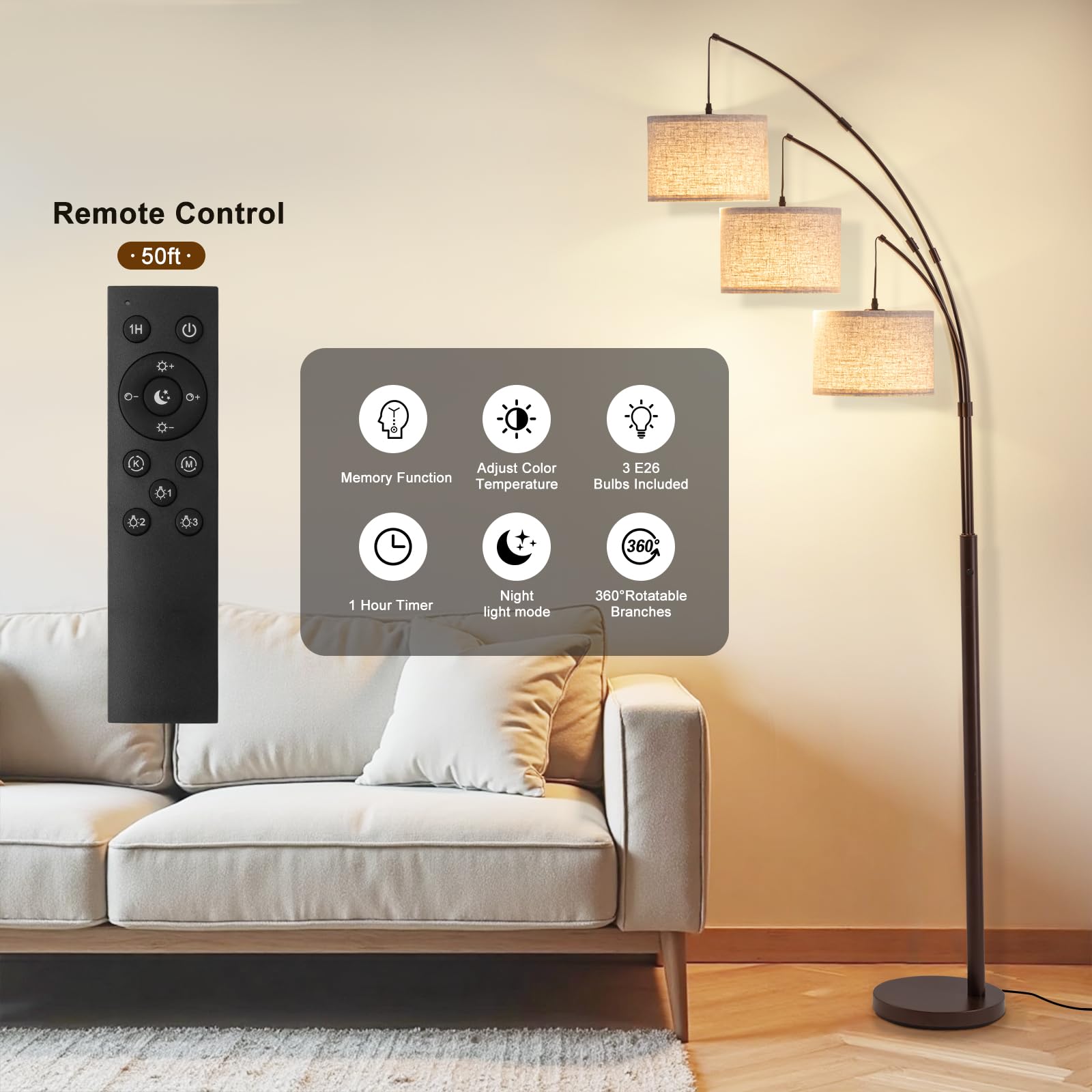 Fansdrick 3 Light Arc Floor Lamp, 80" Tall, Brown-Linen Shade, Super Bright 2400LM, Remote Control, Mid Century Design, Model NTL-02BR