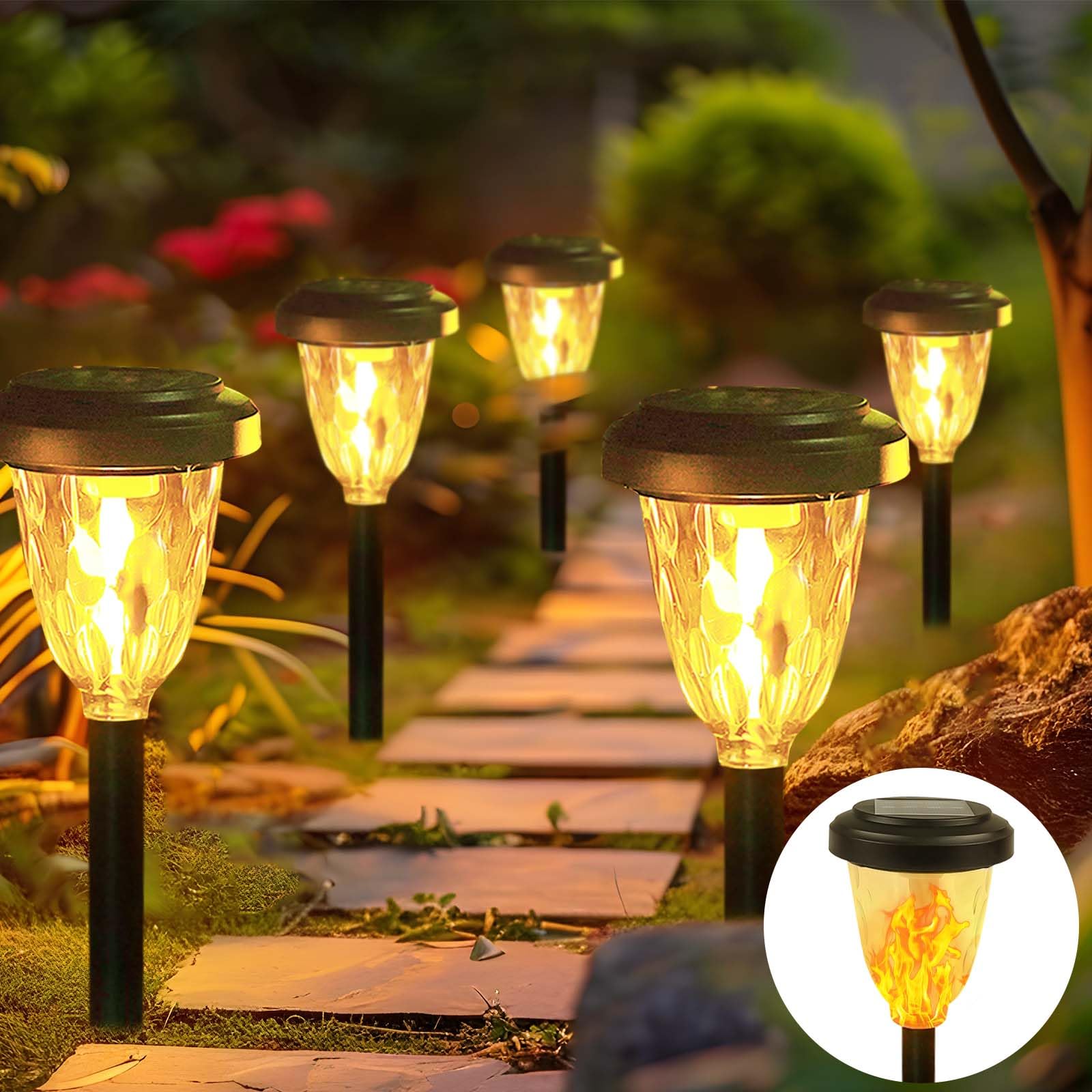 6Pk 2 Modes(Steady on/Flickering ) Solar Lights Outdoor Pathway , Solar Garden Lights, Auto On/Off Torch Lights with Flickering 