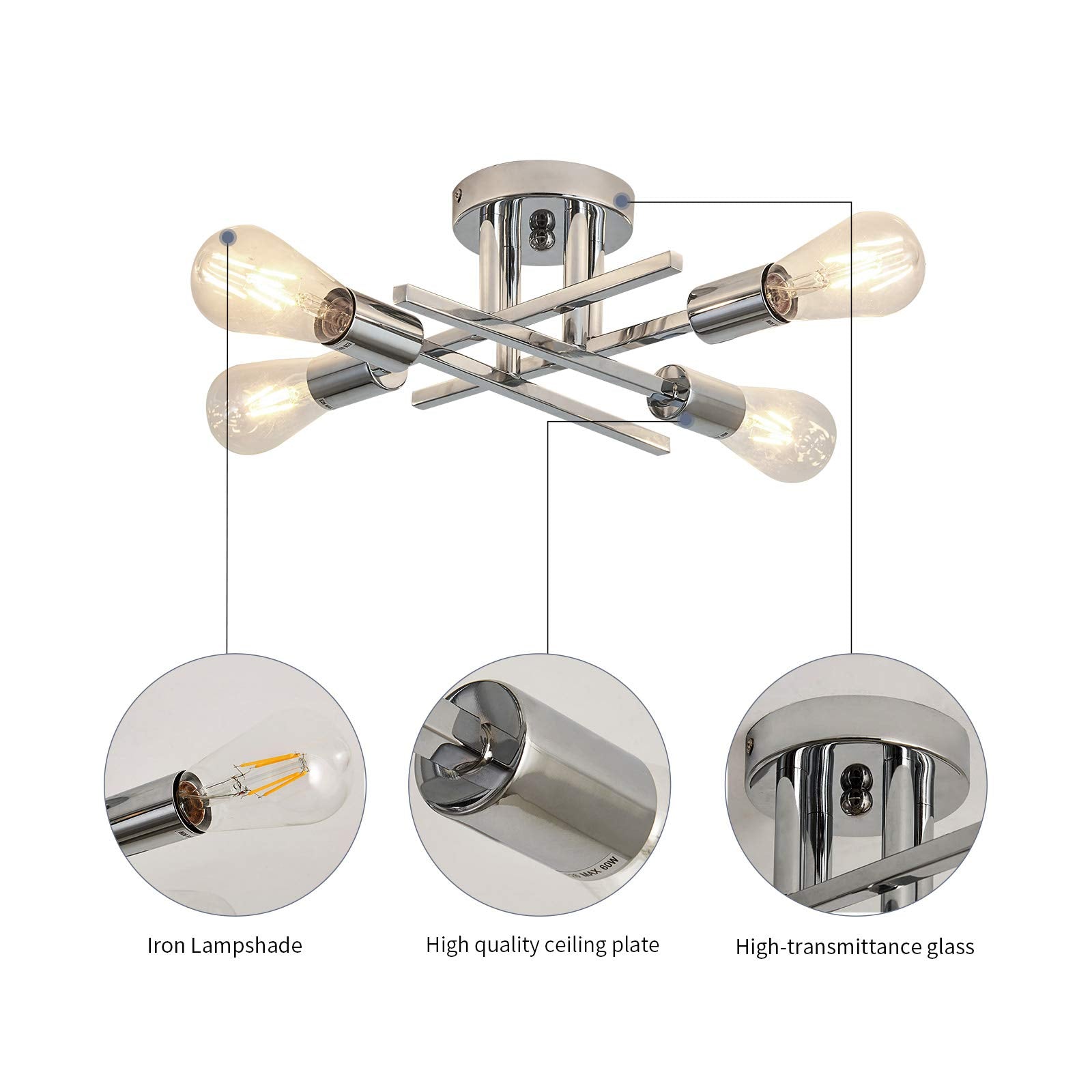 ZGLAOJT Chrome Modern Metal Chandelier, 4-Light Farmhouse Ceiling Light Fixture, Model F-1014 for Kitchen, Bedroom, and Living Room