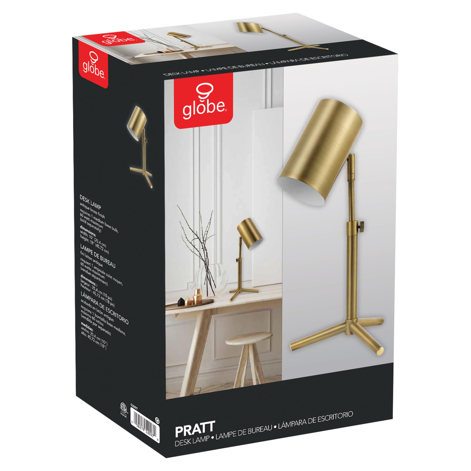 Globe Electric Pratt 18" Desk Lamp, Matte Brass, Adjustable Height, Model 52097, Metal Construction